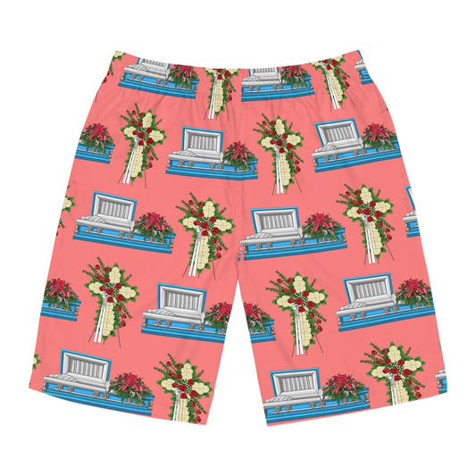 Light Blue Casket White Mum Easel on Light Coral - Board Shorts - All Over Print, AOP, AOP Clothing, Bottoms, casket, coffin, death positive, funeral director, funeral flowers, Men's Bottoms, Men's Clothing, mortician, Sports, Sportswear, Sublimation, Swimwear Board Shorts