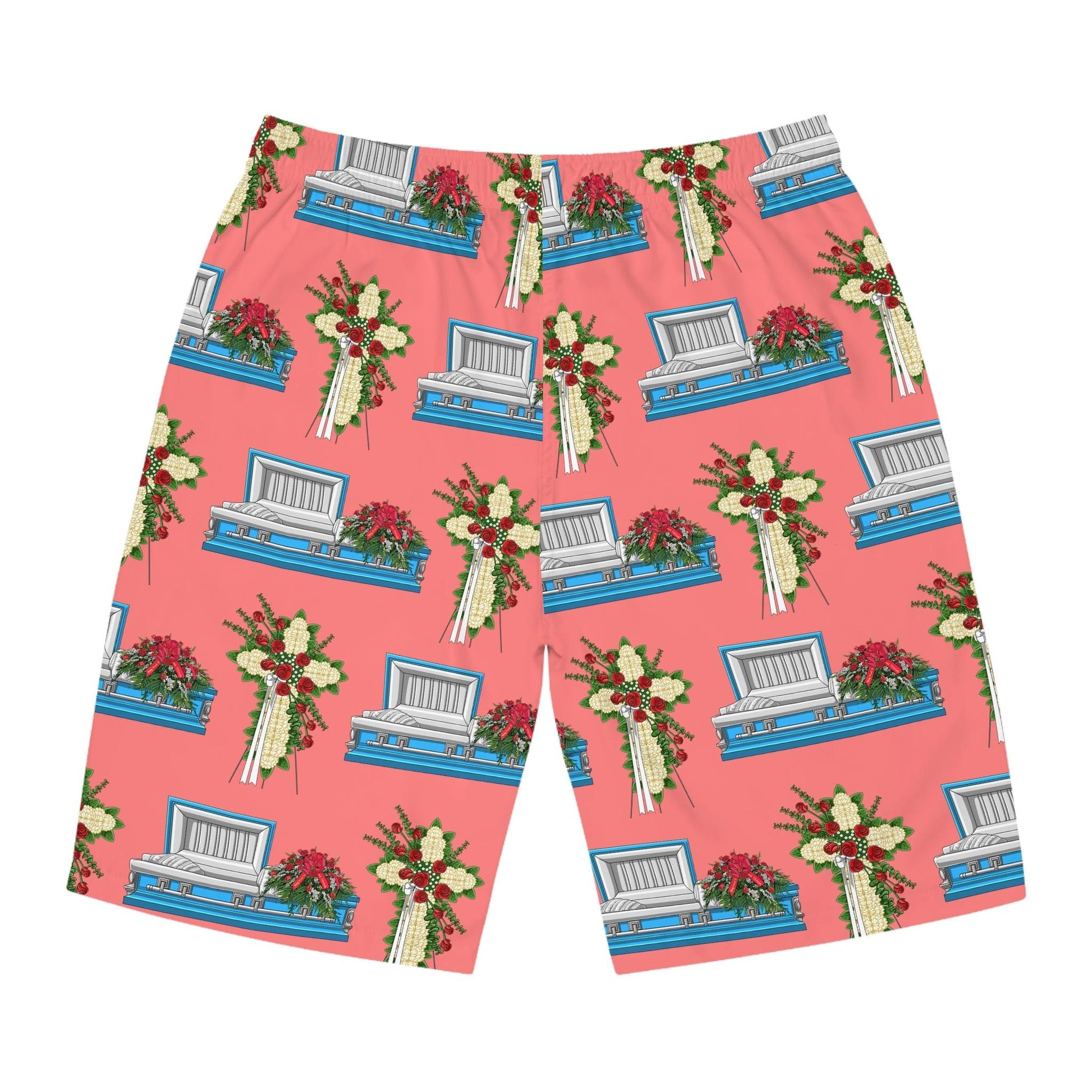 Light Blue Casket White Mum Easel on Light Coral - Board Shorts - All Over Print, AOP, AOP Clothing, Bottoms, casket, coffin, death positive, funeral director, funeral flowers, Men's Bottoms, Men's Clothing, mortician, Sports, Sportswear, Sublimation, Swimwear Board Shorts