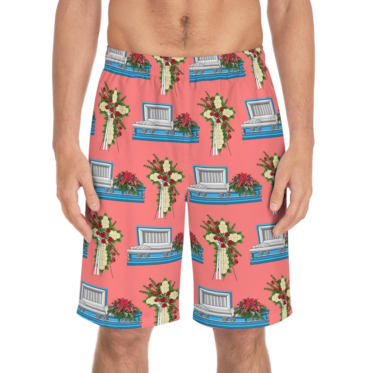 Light Blue Casket White Mum Easel on Light Coral - Board Shorts - All Over Print, AOP, AOP Clothing, Bottoms, casket, coffin, death positive, funeral director, funeral flowers, Men's Bottoms, Men's Clothing, mortician, Sports, Sportswear, Sublimation, Swimwear Board Shorts