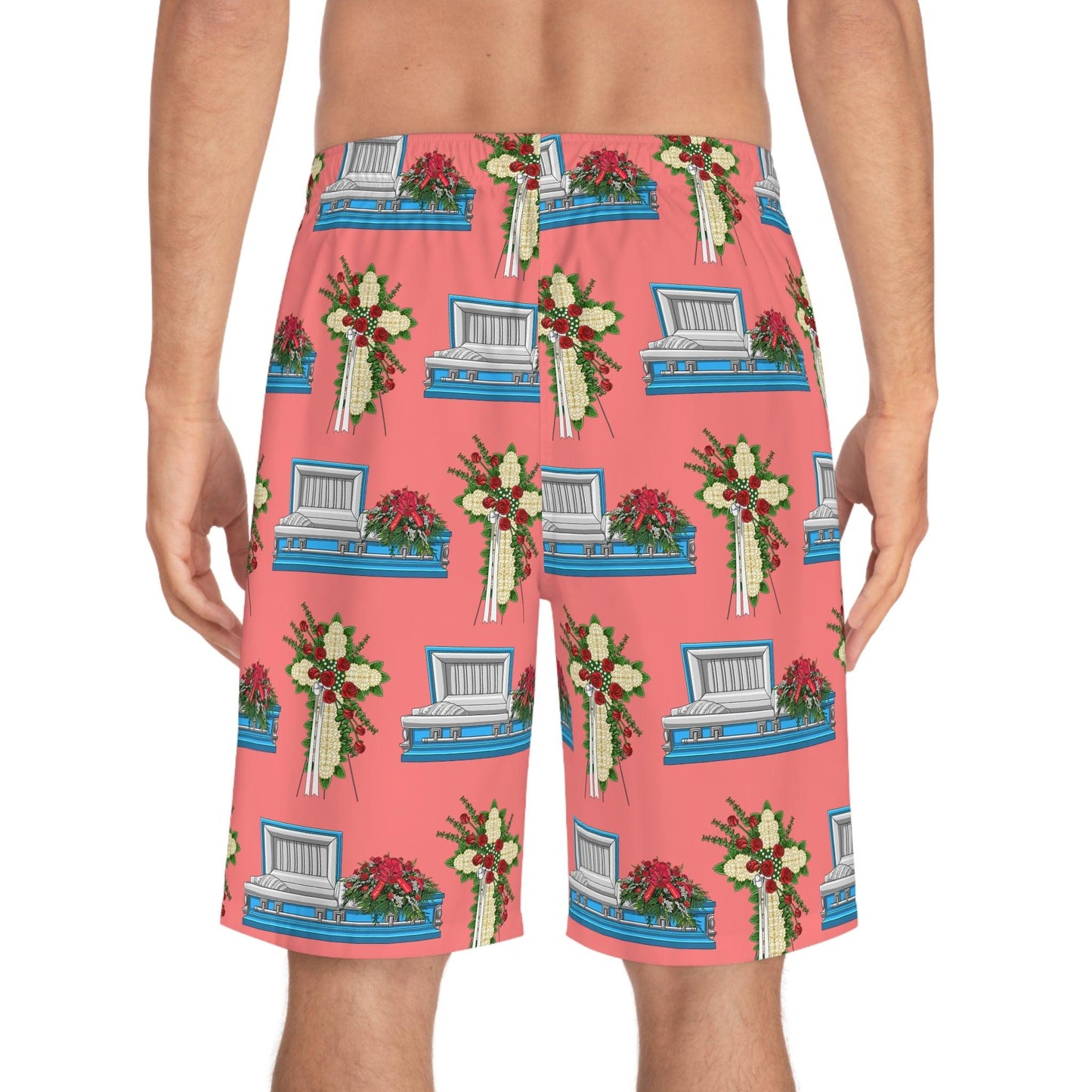 Light Blue Casket White Mum Easel on Light Coral - Board Shorts - All Over Print, AOP, AOP Clothing, Bottoms, casket, coffin, death positive, funeral director, funeral flowers, Men's Bottoms, Men's Clothing, mortician, Sports, Sportswear, Sublimation, Swimwear Board Shorts