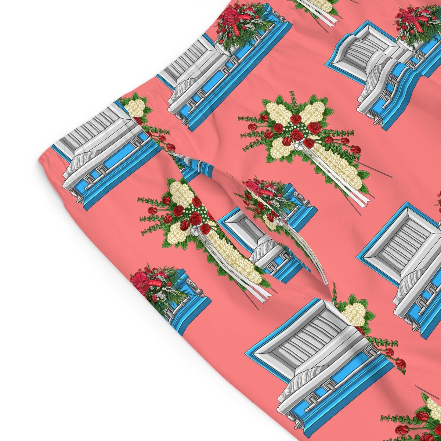 Light Blue Casket White Mum Easel on Light Coral - Board Shorts - All Over Print, AOP, AOP Clothing, Bottoms, casket, coffin, death positive, funeral director, funeral flowers, Men's Bottoms, Men's Clothing, mortician, Sports, Sportswear, Sublimation, Swimwear Board Shorts