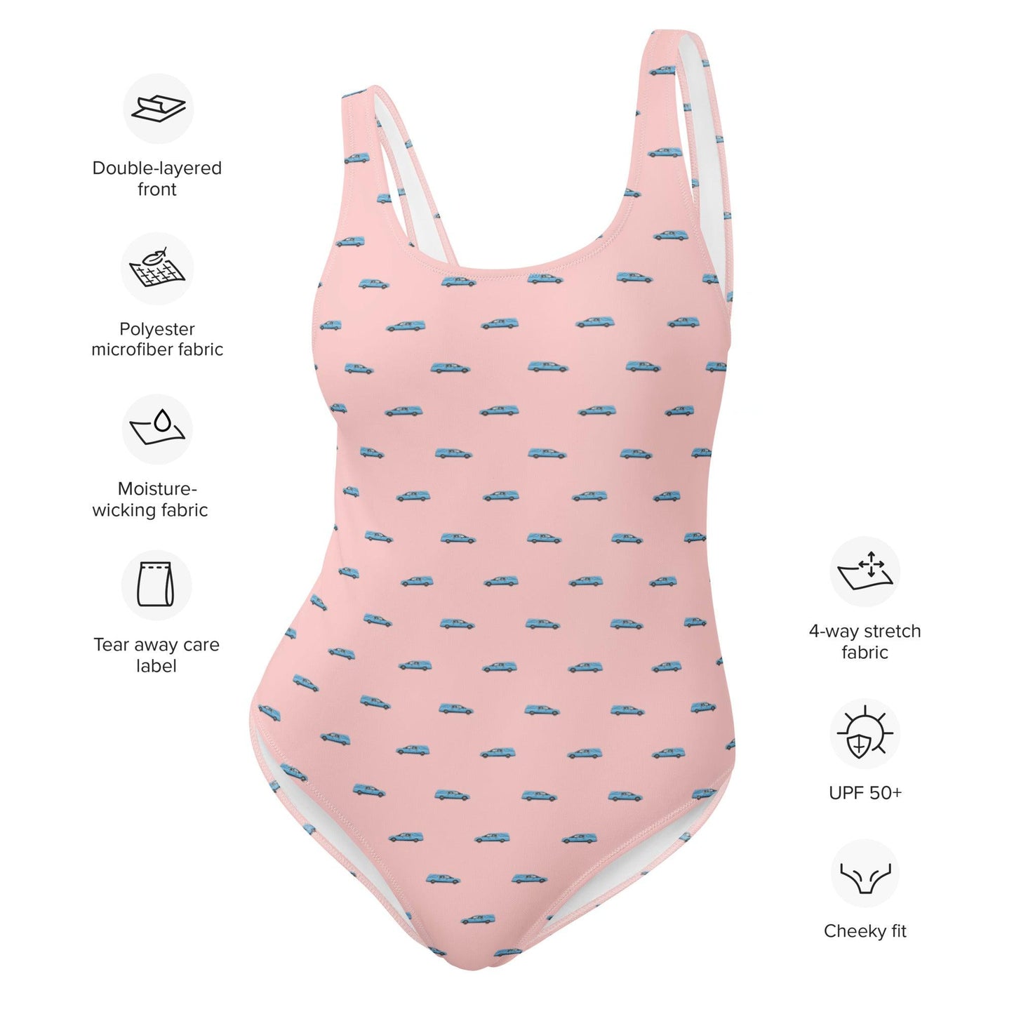 Light Blue Hearse on Pink - One Piece Swimsuit - casket, coffin, death positive, embalmer, funeral director, mortician, mortuary science one piece swimsuit