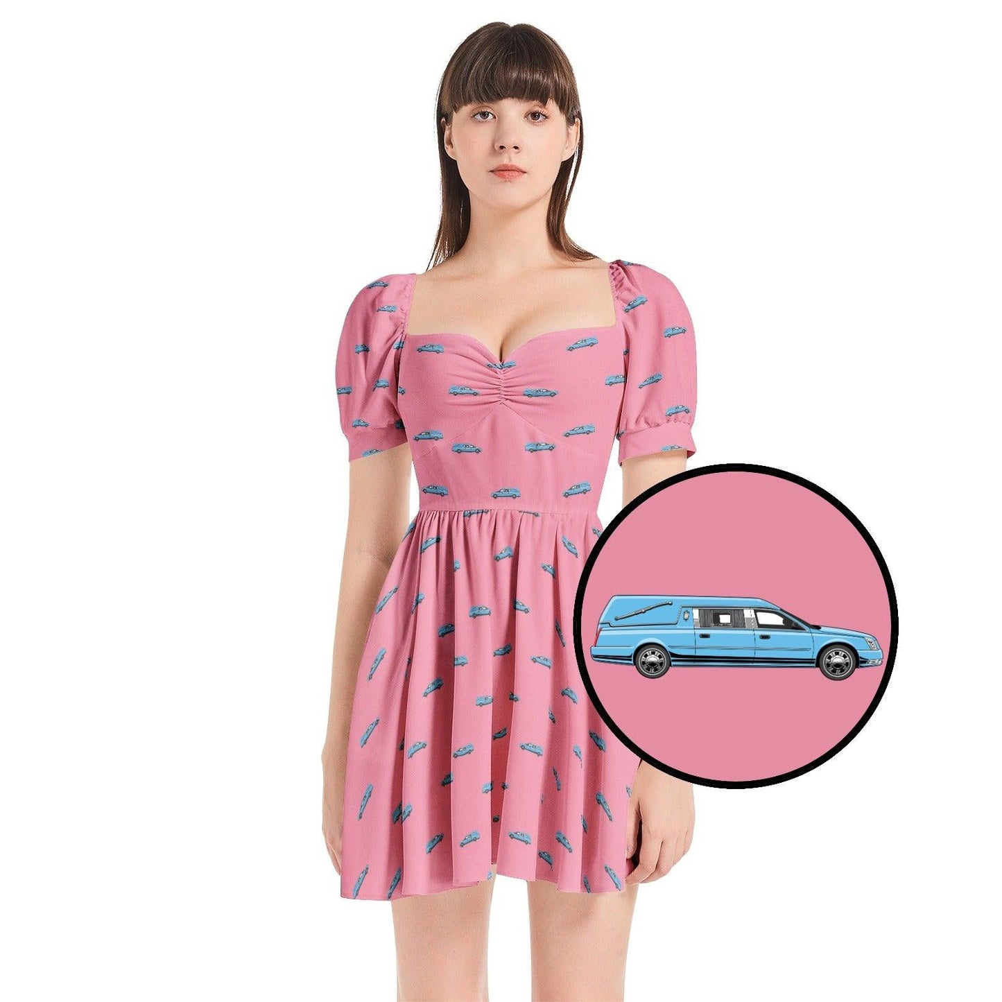 Light Blue Hearse on Rose Pink - Puff Sleeve Sweetheart Dress - embalmer,funeral director,Hearse,mortician Dress