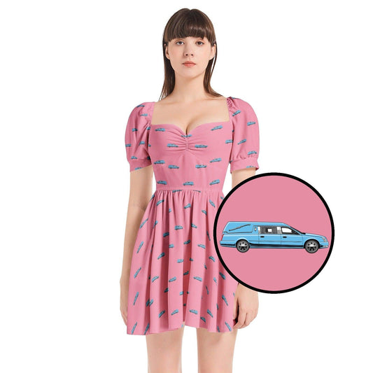 Light Blue Hearse on Rose Pink - Puff Sleeve Sweetheart Dress - embalmer,funeral director,Hearse,mortician Dress