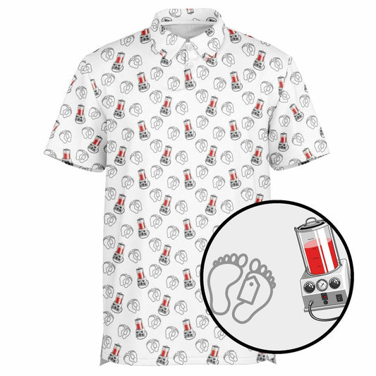 White golf polo with pattern made of porti-boy embalming machine and feet with toe tag