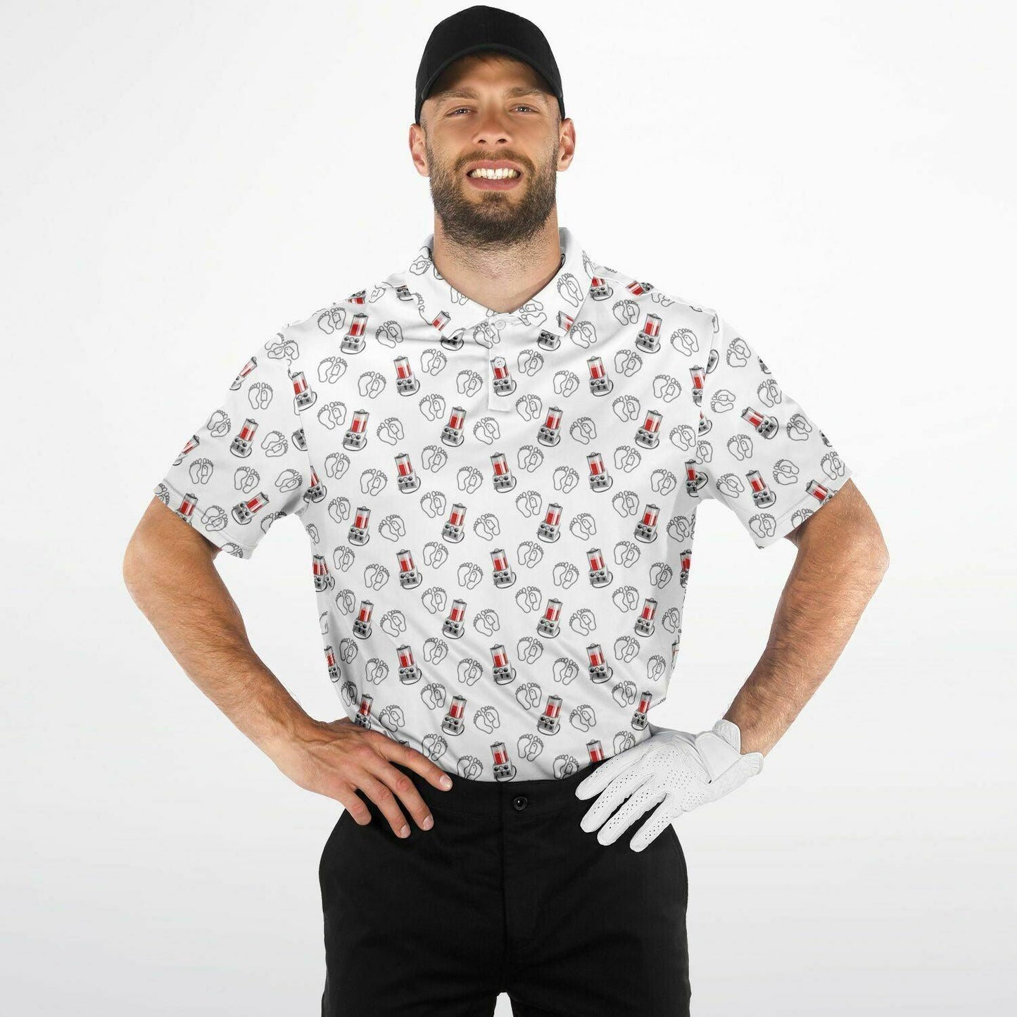 male model wearing white golf polo shirt with porti-boy embalming machine and toe tag pattern. Front view shirt is tucked in.