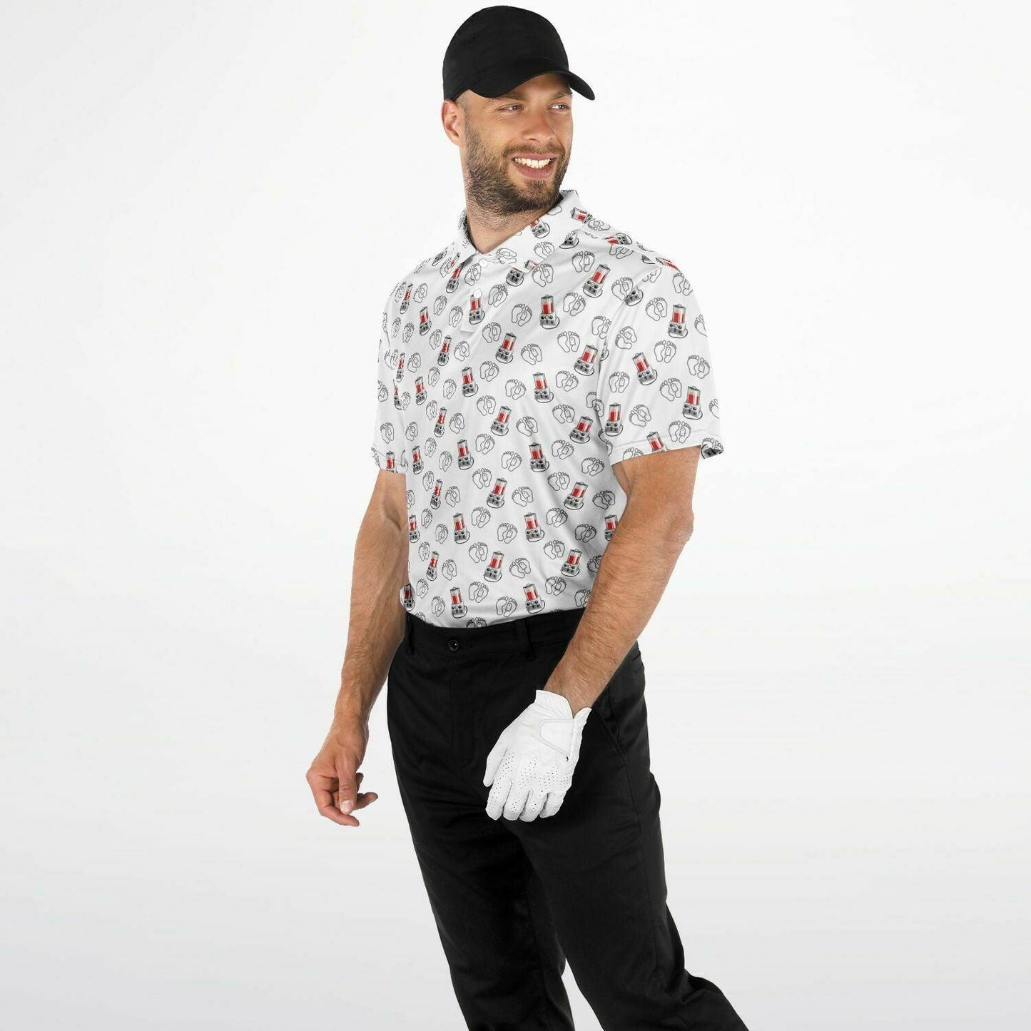 Model wearing a white polo short sleeve shirt with porti-boy embalming machine pattern on it. Front side view with shirt tucked in