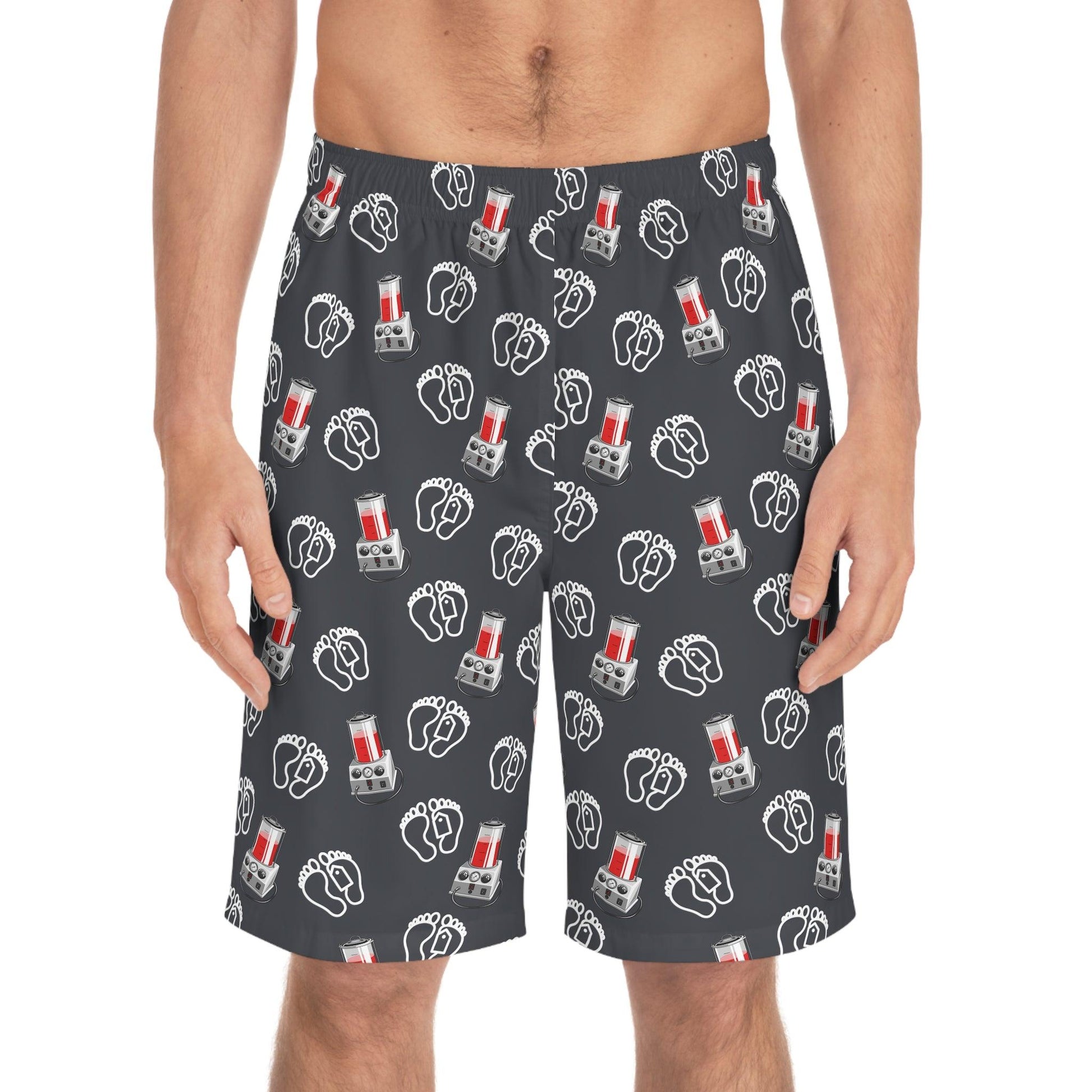 Morti-Boy Embalmer on Steel Grey - Board Shorts - All Over Print, AOP, AOP Clothing, Bottoms, embalmer, embalming, embalming machine, funeral director, Men's Bottoms, Men's Clothing, mortician, porti-boy, Sports, Sportswear, Sublimation, Swimwear Board Shorts