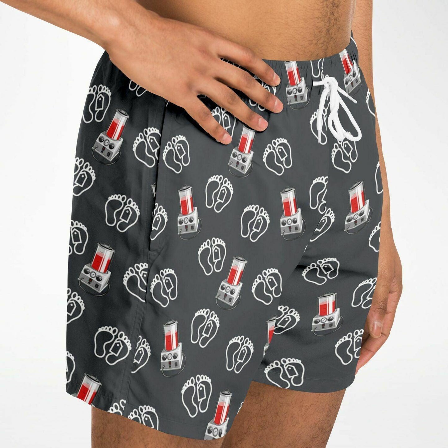 Morti-Boy Embalmer on Steel Grey - Swim Trunks - Casket, Coffin, death care, death positive, embalm, embalmer, Embalming, embalming machine, Funeral, funeral home, funerals, last responder, mortician, mortuary science, porti-boy, toe tag Swim Trunks Men - AOP