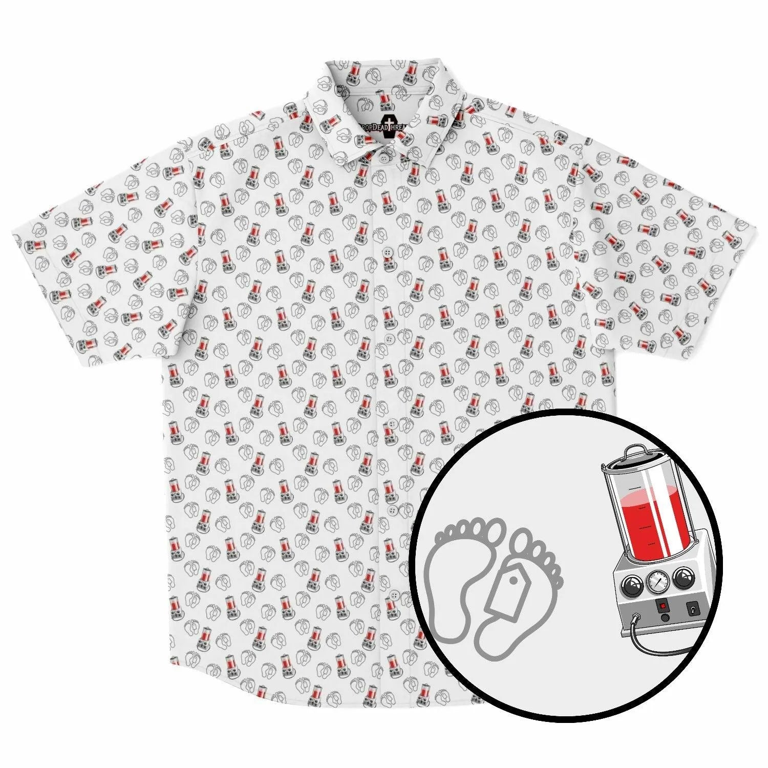 White short sleeve button up tee shirt with porti-boy embalming machine with toe tags pattern on it