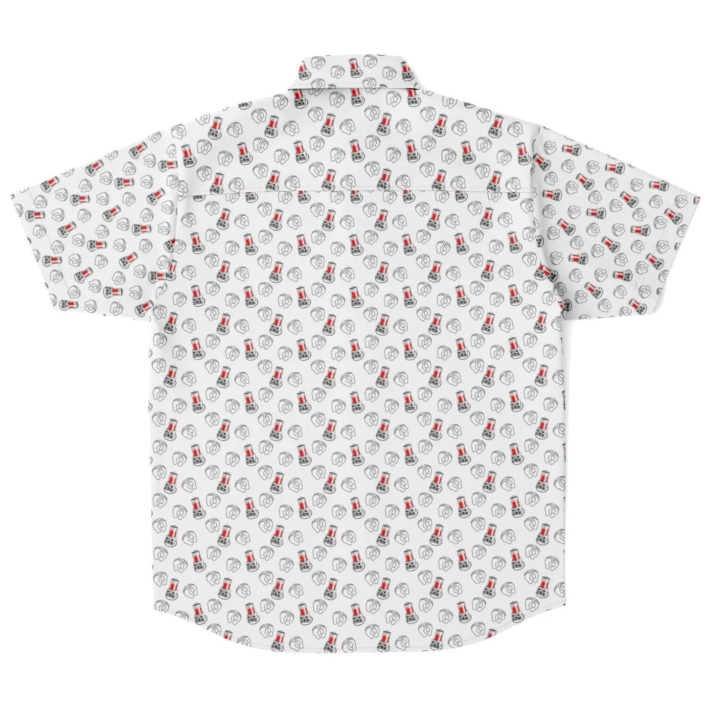 back view of white button down tee shirt with porti-boy embalming machine pattern