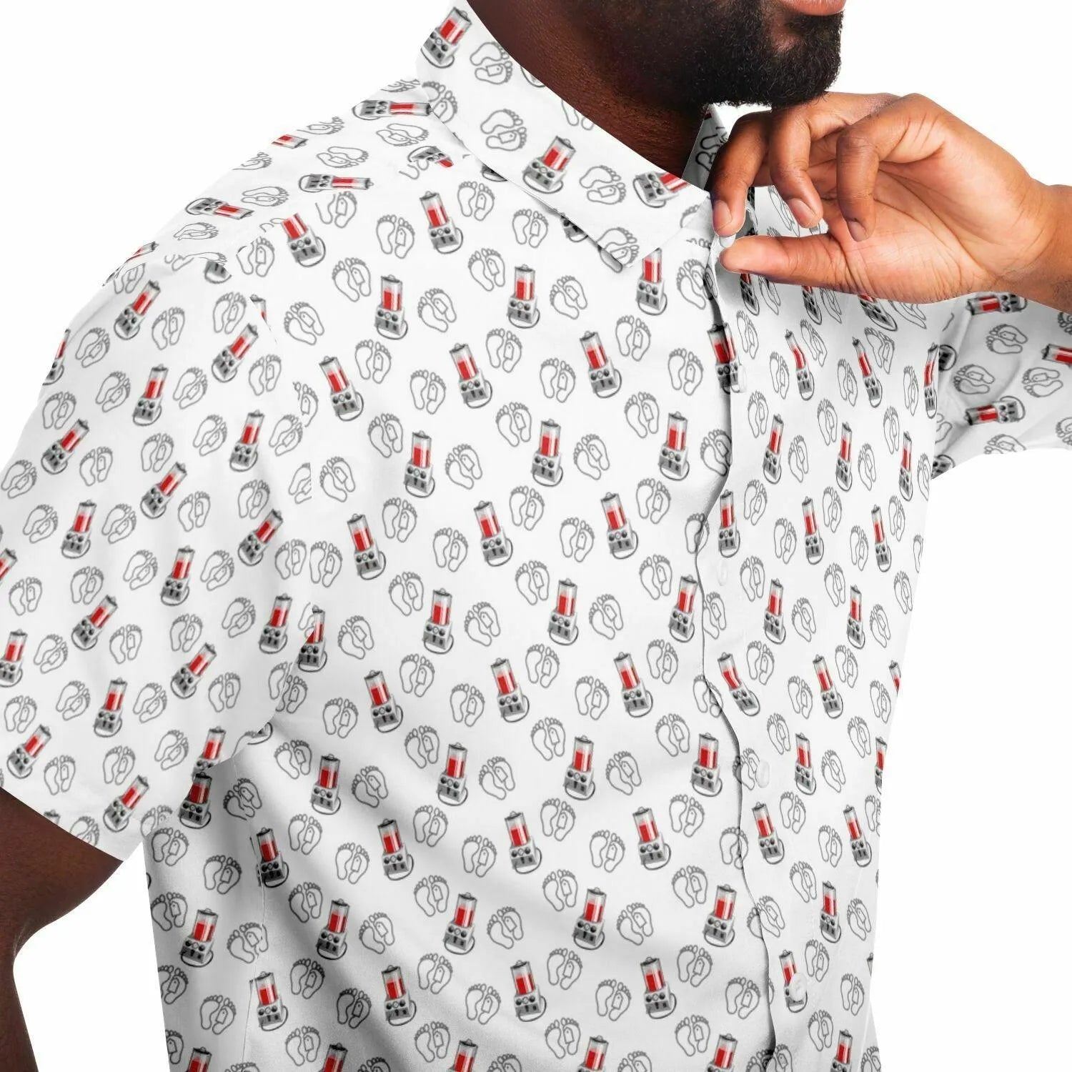 close up side view angle of white button down up shirt with embalming machine pattern and toe tags