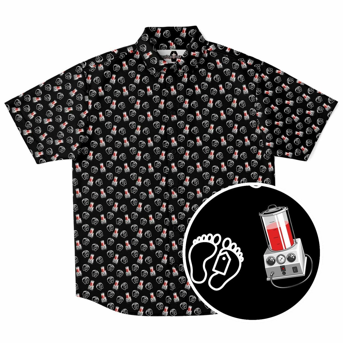 Black short sleeve button up tee shirt with porti-boy embalming machine with toe tags pattern on it