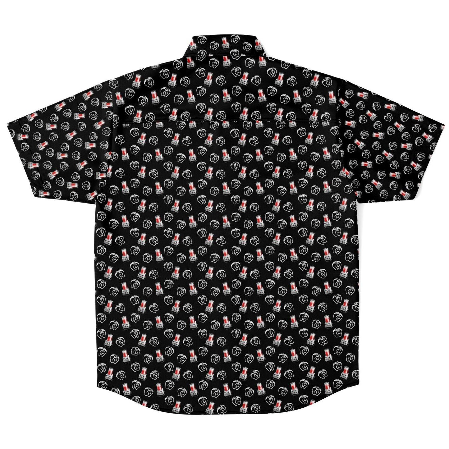 back view of black button down tee shirt with porti-boy embalming machine pattern