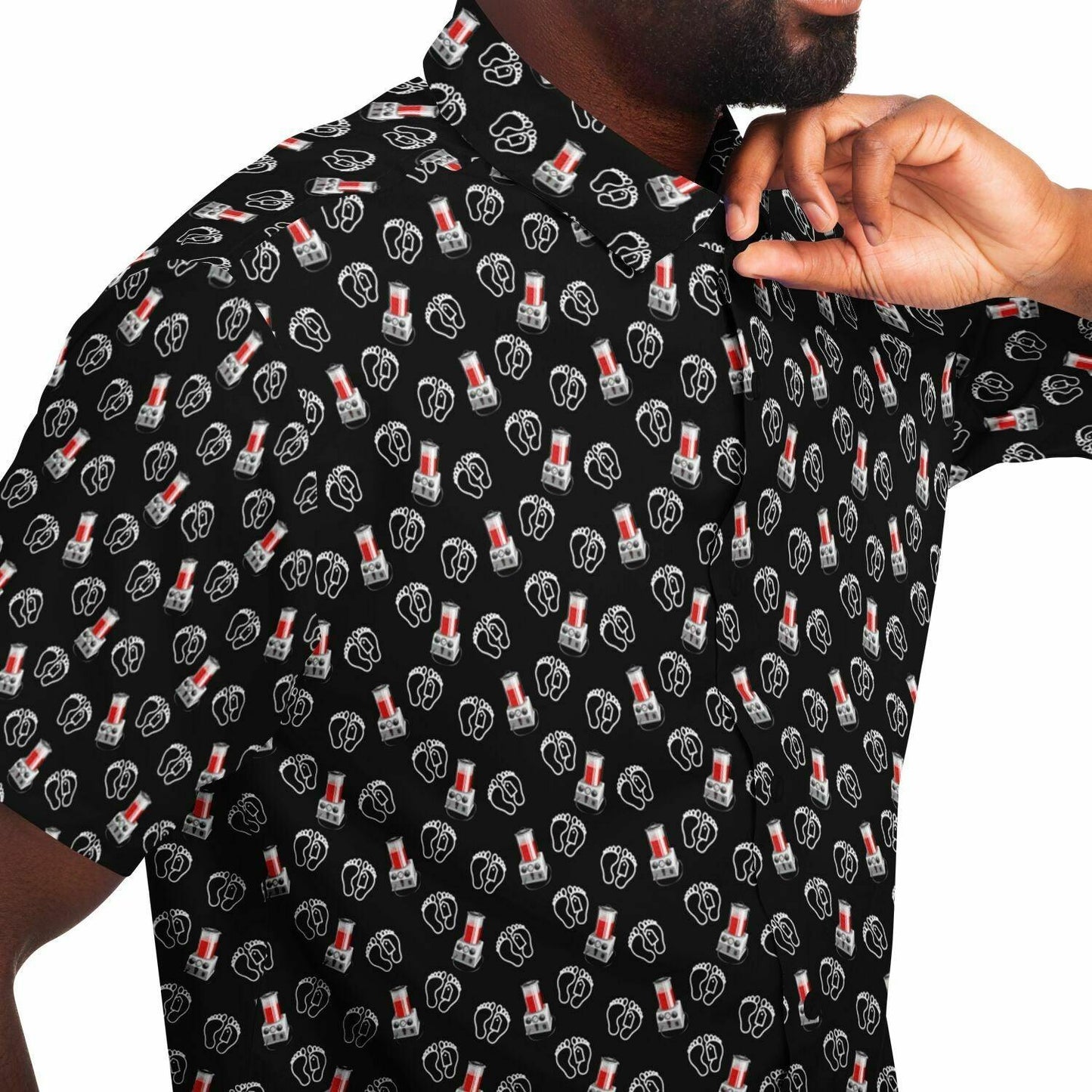 close up side view angle of black button down up shirt with embalming machine pattern and toe tags