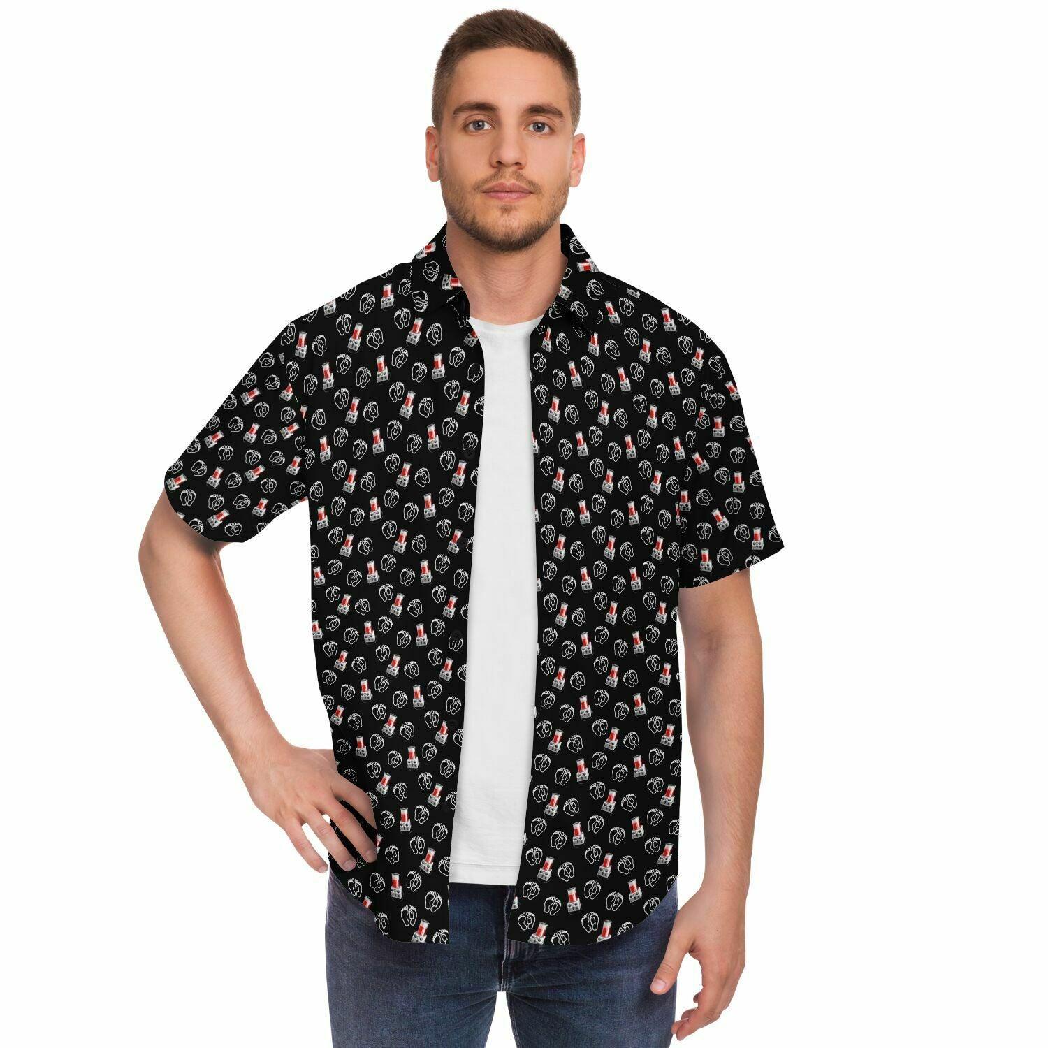 male model with black opened button down tee shirt with embalming machine pattern on it for embalmers