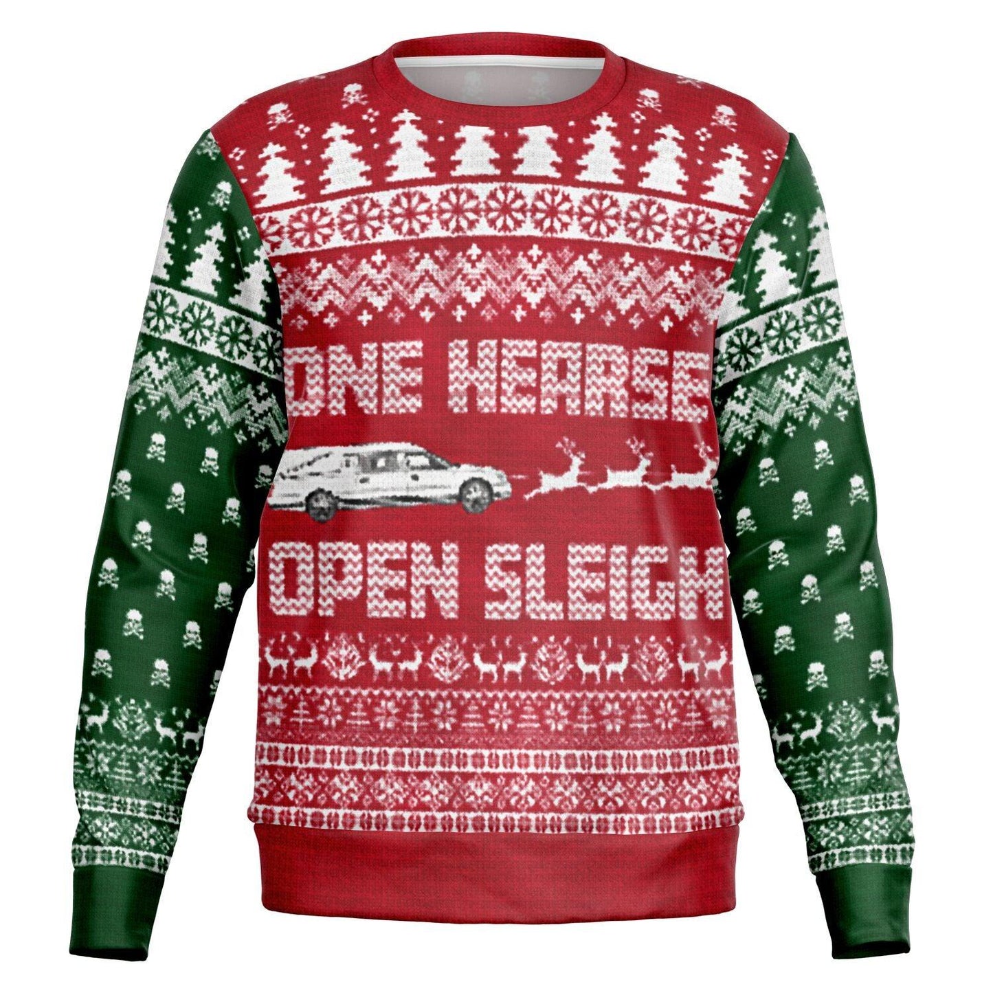 "One Hearse Open Sleigh" Ugly Christmas Sweater GREEN Sleeves - embalmer,funeral director,Hearse,mortician,mortuary science Sweater