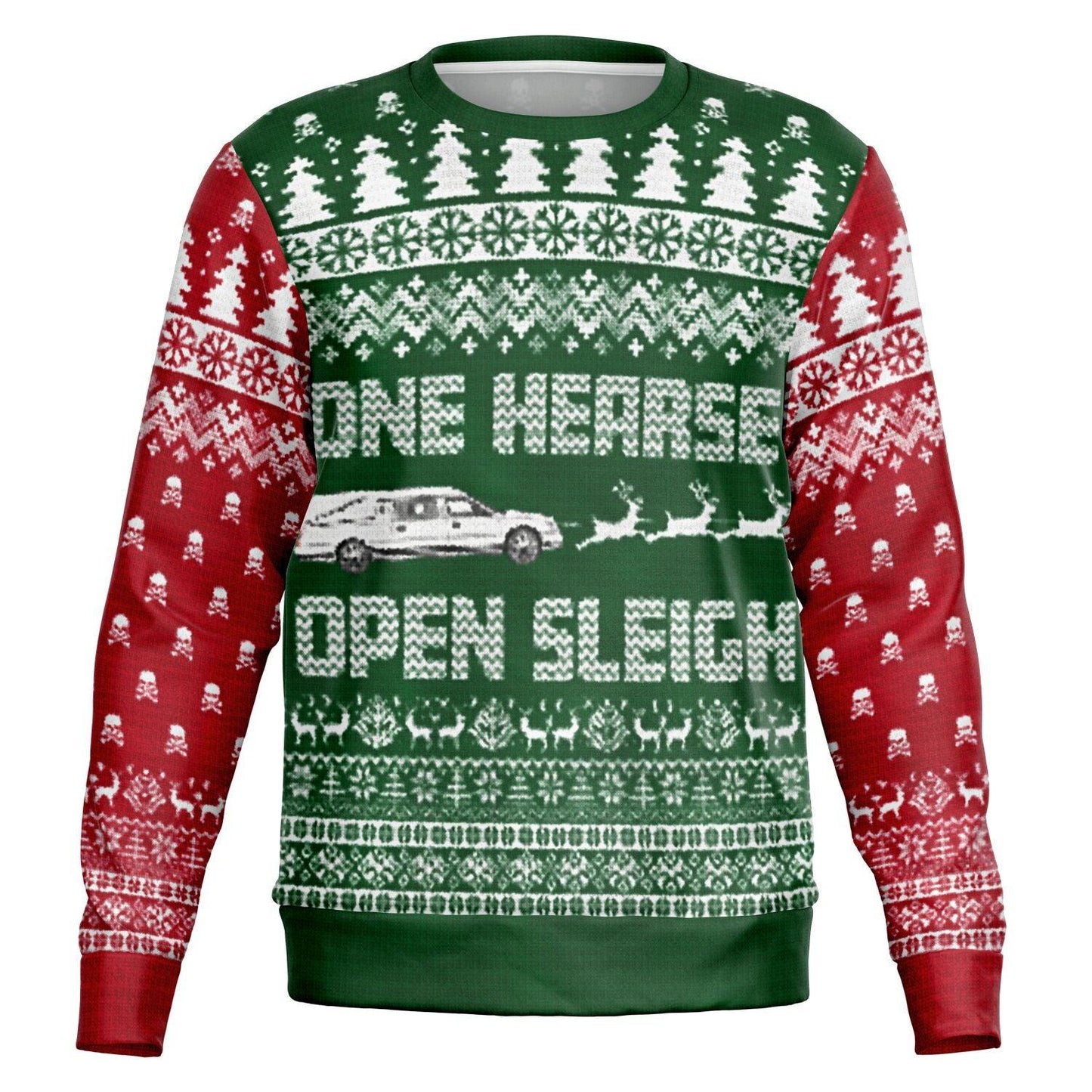 "One Hearse Open Sleigh" Ugly Christmas Sweater RED Sleeves - death positive,embalmer,Funeral,funeral director,Hearse,mortician Sweater