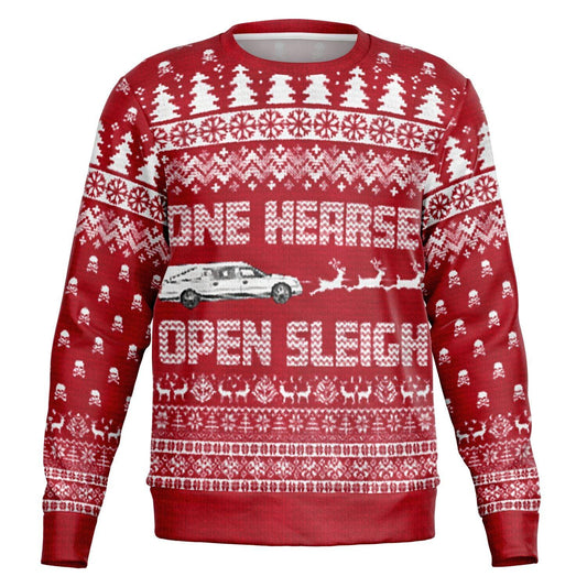 "One Hearse Open Sleigh" Ugly Christmas Sweater - embalmer, Funeral, funeral coach, funeral directing, funeral director, Hearse, mortician, mortuary science Sweater