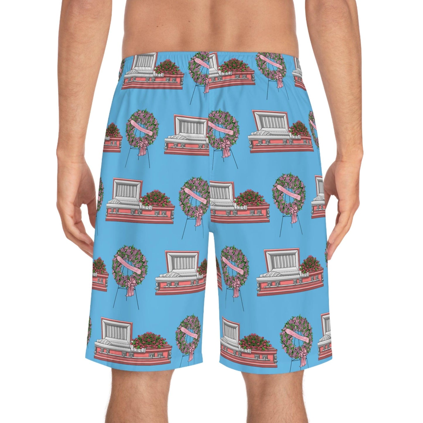 Pink Casket and Rose Wreath Easel on Baby Blue - Board Shorts - All Over Print, AOP, AOP Clothing, Bottoms, casket, coffin, cross, death positive, funeral director, funeral flowers, Men's Bottoms, Men's Clothing, mortician, Sports, Sportswear, Sublimation, Swimwear Board Shorts