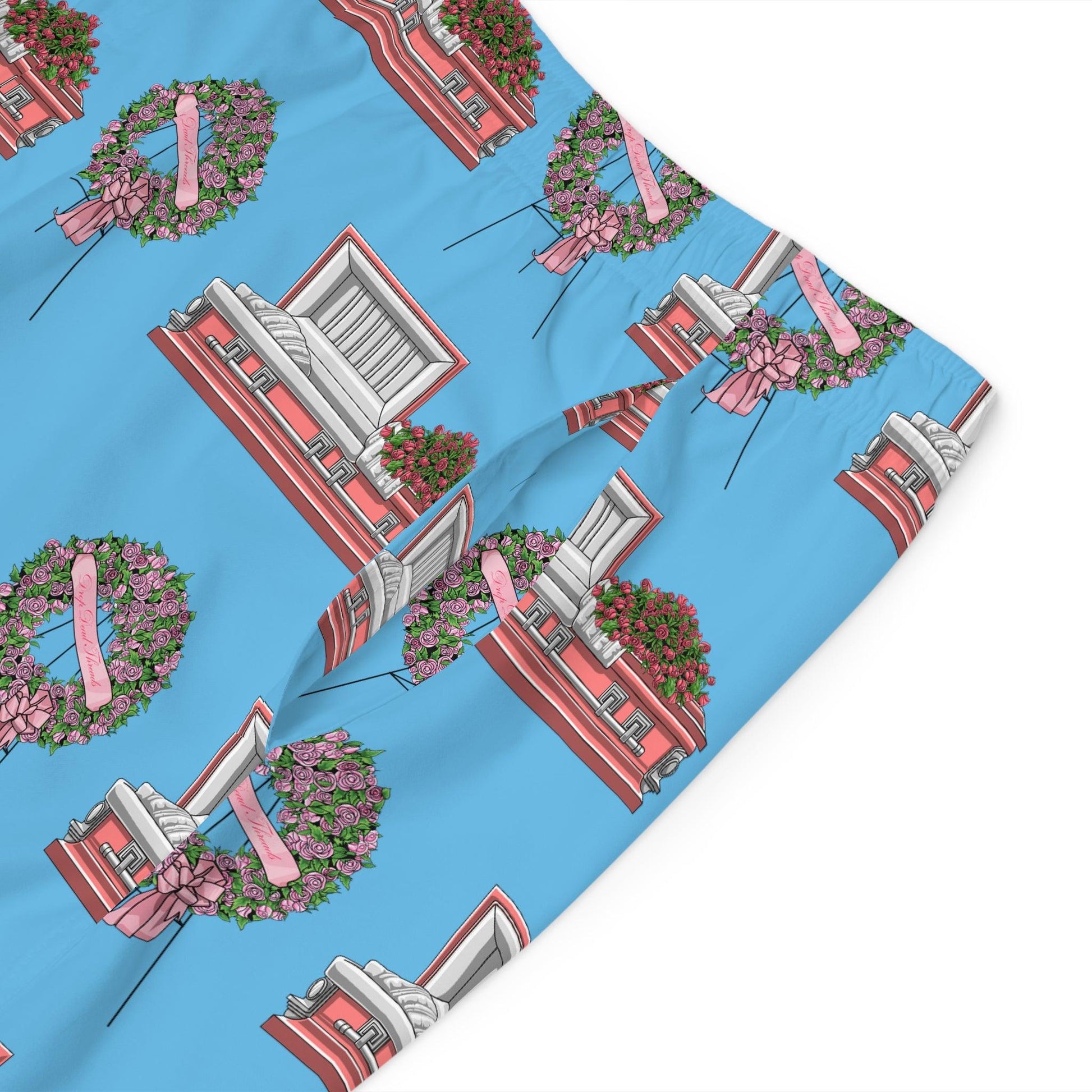 Pink Casket and Rose Wreath Easel on Baby Blue - Board Shorts - All Over Print, AOP, AOP Clothing, Bottoms, casket, coffin, cross, death positive, funeral director, funeral flowers, Men's Bottoms, Men's Clothing, mortician, Sports, Sportswear, Sublimation, Swimwear Board Shorts