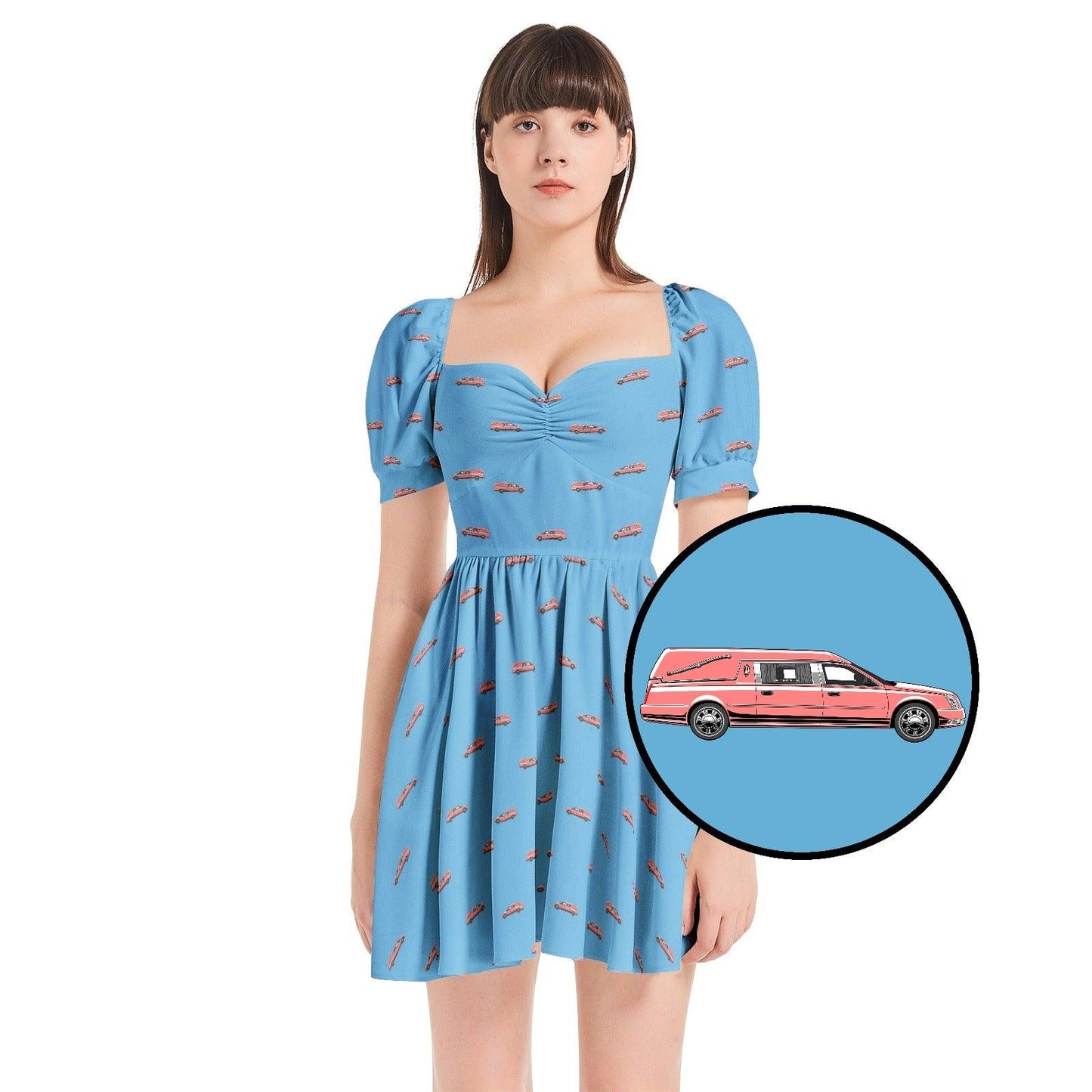 Pink Hearse on Baby Blue - Puff Sleeve Sweetheart Dress - embalmer,funeral director,Hearse,mortician Dress