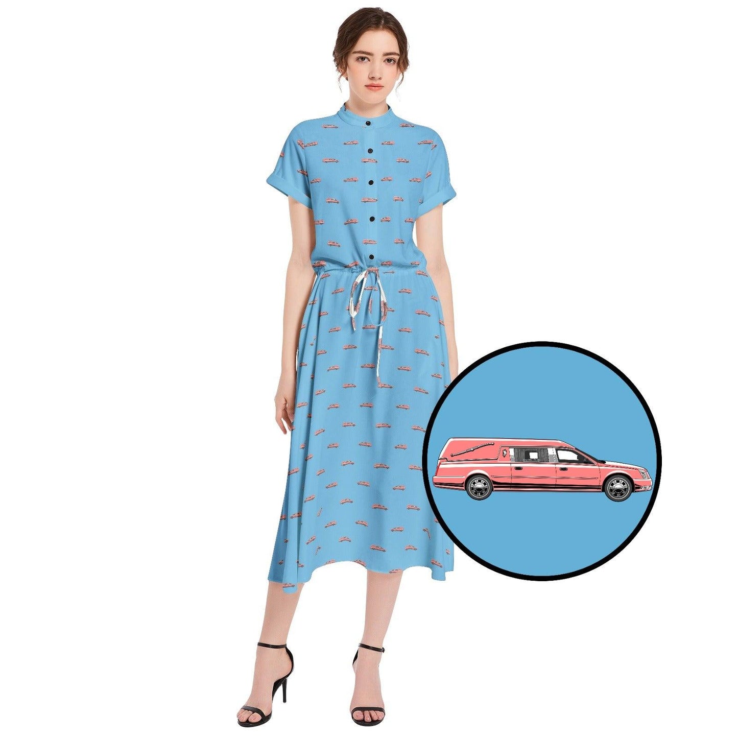 girl wearing light baby blue dress with pink funeral hearse pattern 