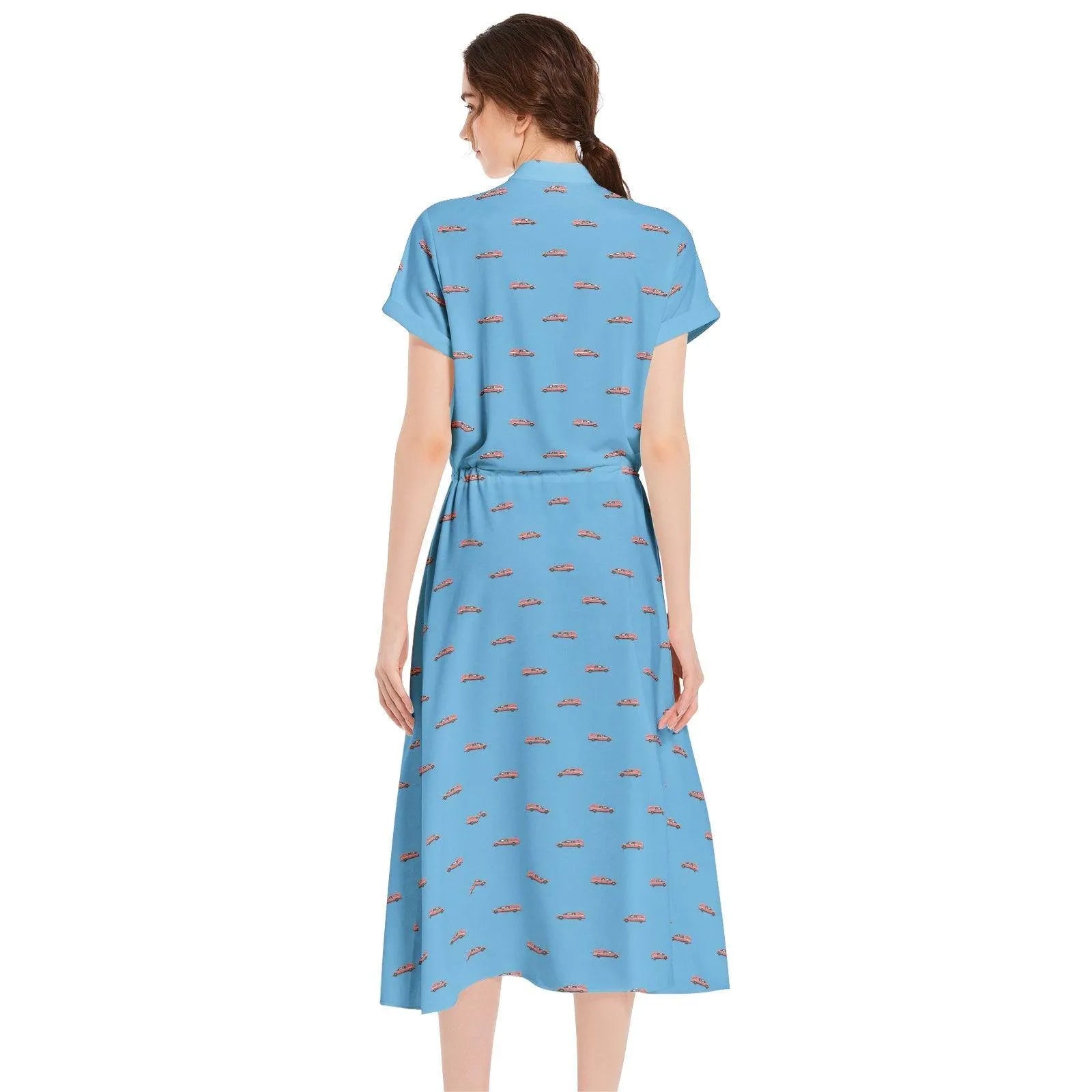 Pink Hearse on Baby Blue - Waist A-line Flared Midi Dress S Pink Hearse on Baby Blue - Waist A-line Flared Midi Dress S