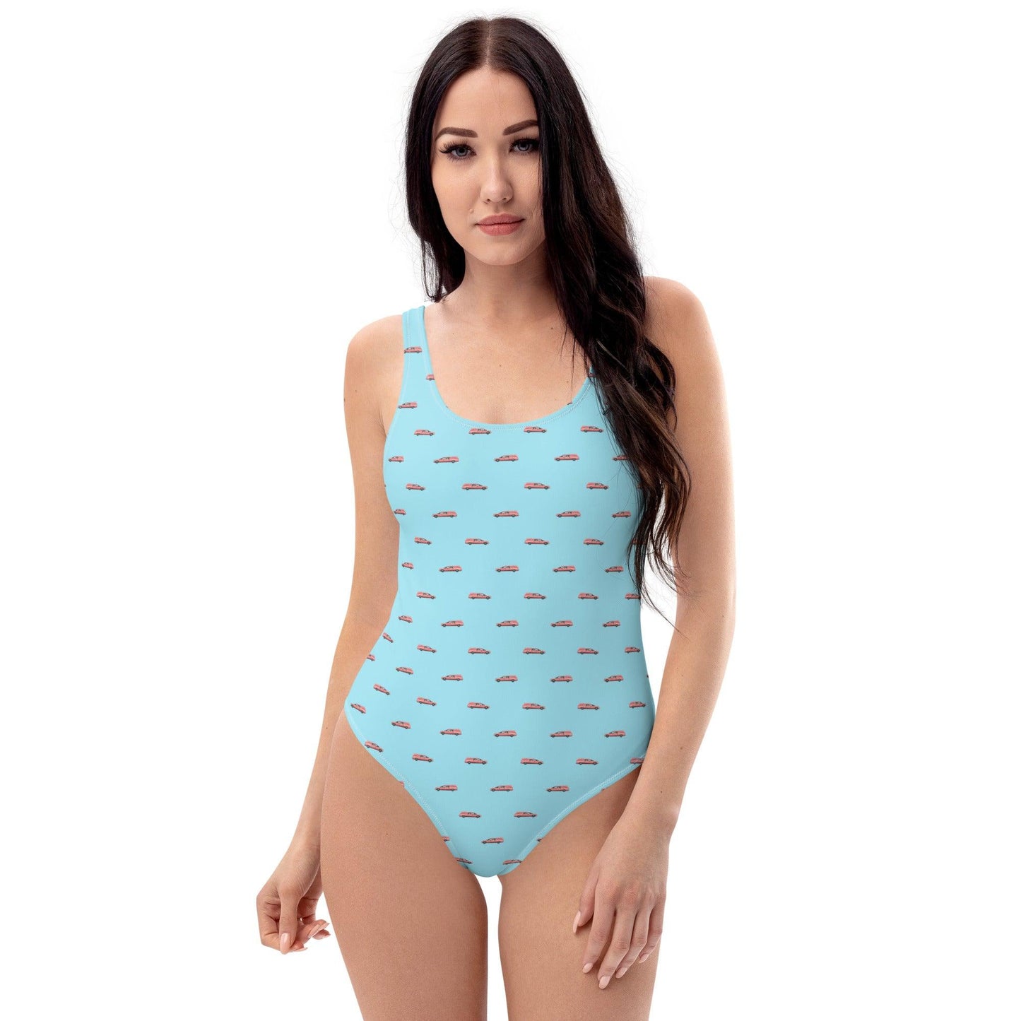 Pink Hearse on Light Blue - One Piece Swimsuit - death positive, embalmer, funeral coach, funeral director, funerals, goth, hearse, mortician one piece swimsuit