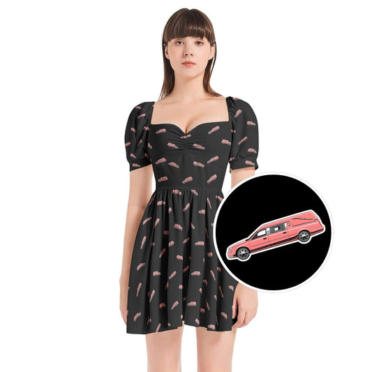 Puff Sleeve Sweetheart Neck Short Dress - Pink Hearse Sticker on Black - embalmer, funeral director, Hearse, mortician Dress