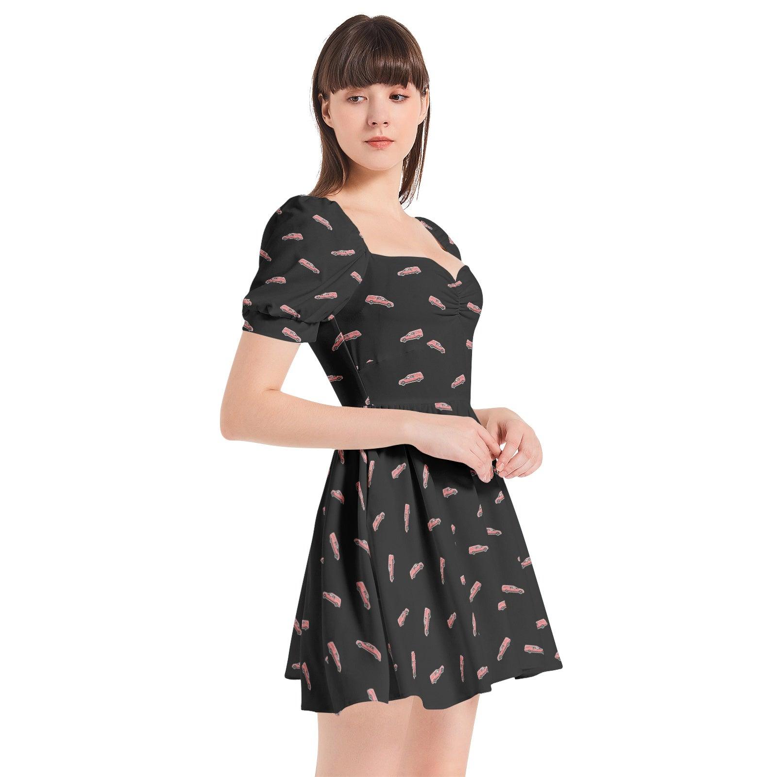 Puff Sleeve Sweetheart Neck Short Dress - Pink Hearse Sticker on Black - embalmer, funeral director, Hearse, mortician Dress