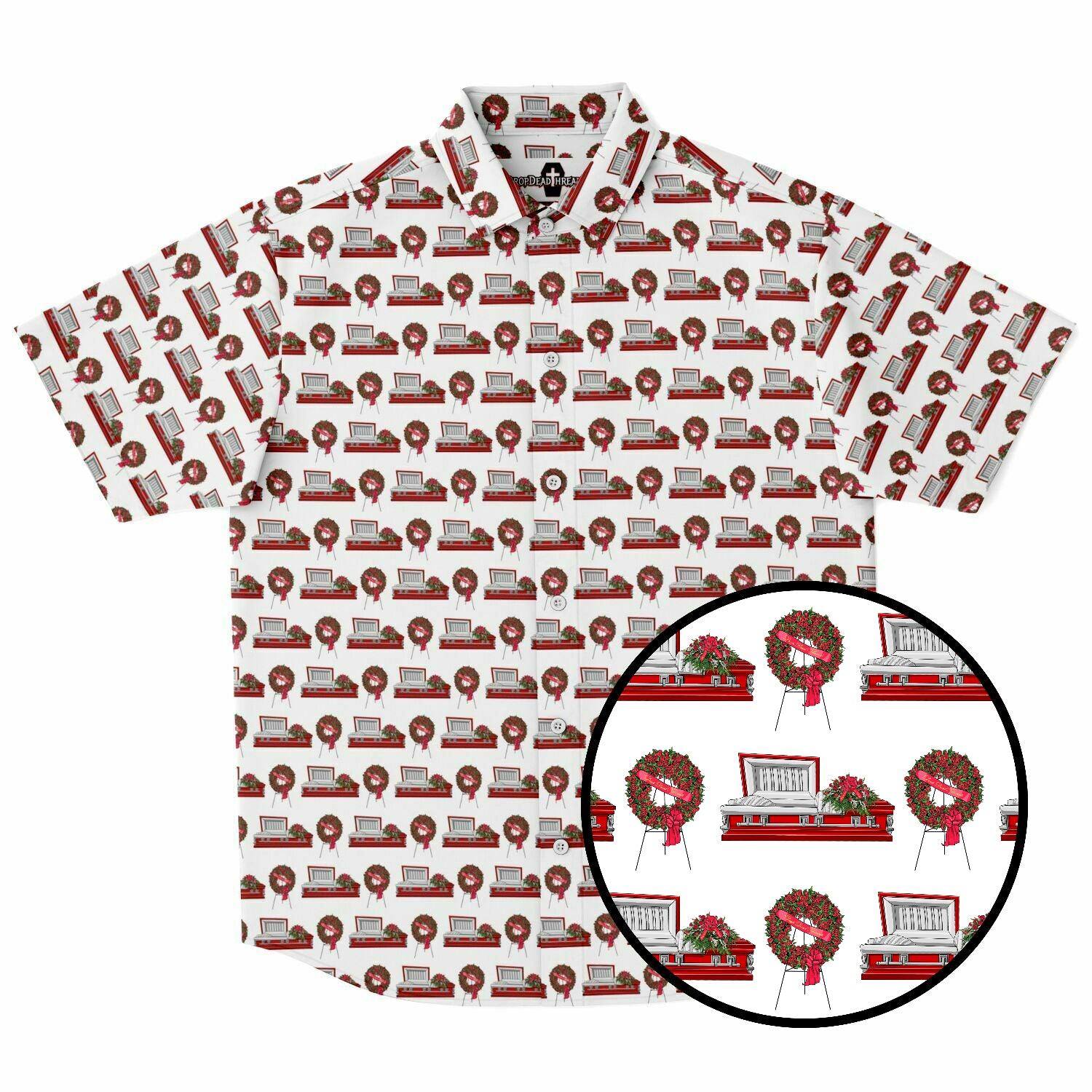 White button up short sleeve tshirt with red rose wreath and red casket pattern