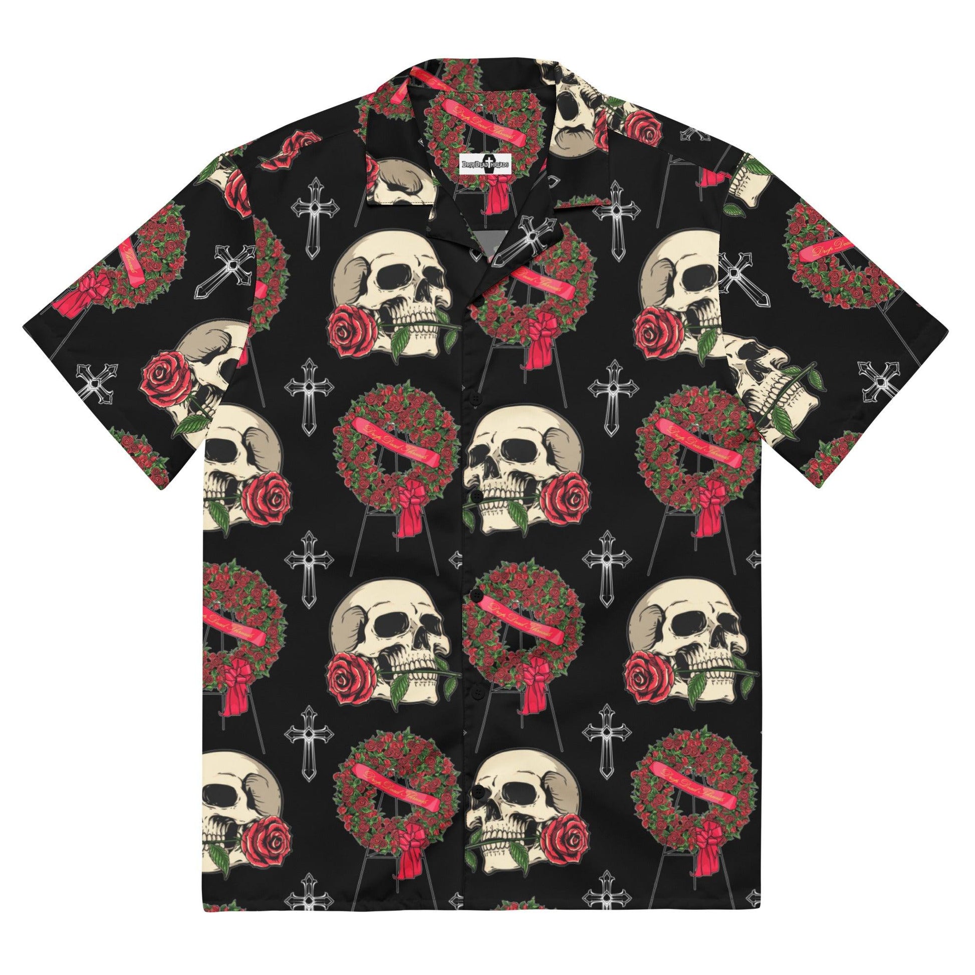 Skull & Red Rose Wreath - Hawaiian Shirt - cross, funeral director, funeral flowers, goth, mortician, roses, skull, skulls Hawaiian shirt