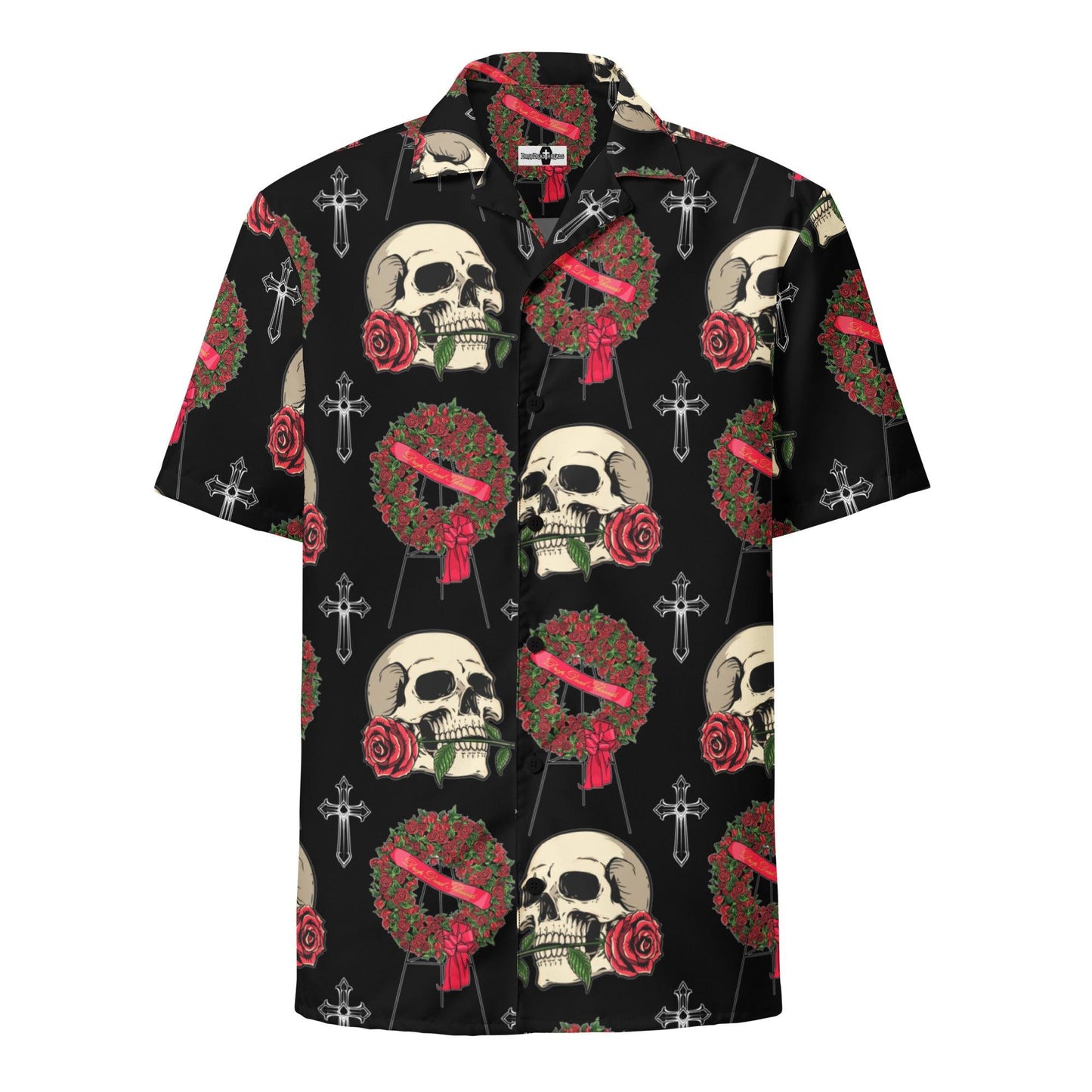 Skull & Red Rose Wreath - Hawaiian Shirt - cross, funeral director, funeral flowers, goth, mortician, roses, skull, skulls Hawaiian shirt