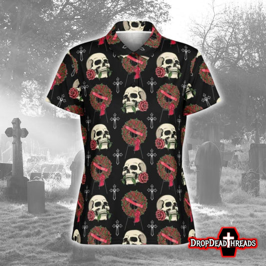 Skull & Red Rose Wreath - Golf Polo Shirt