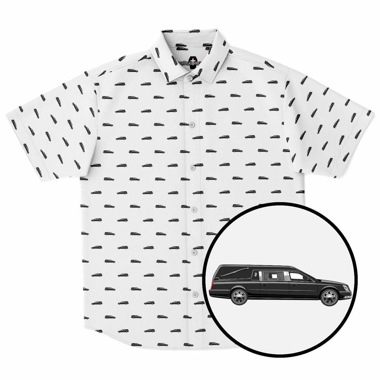 White button up short sleeve shirt featuring a small black hearse pattern