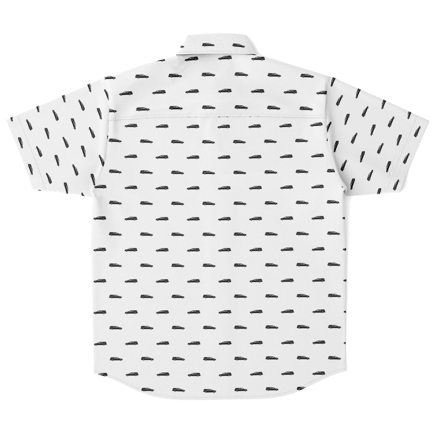 back view of a white button up short sleeve t-shirt with a pattern of black hearses on it