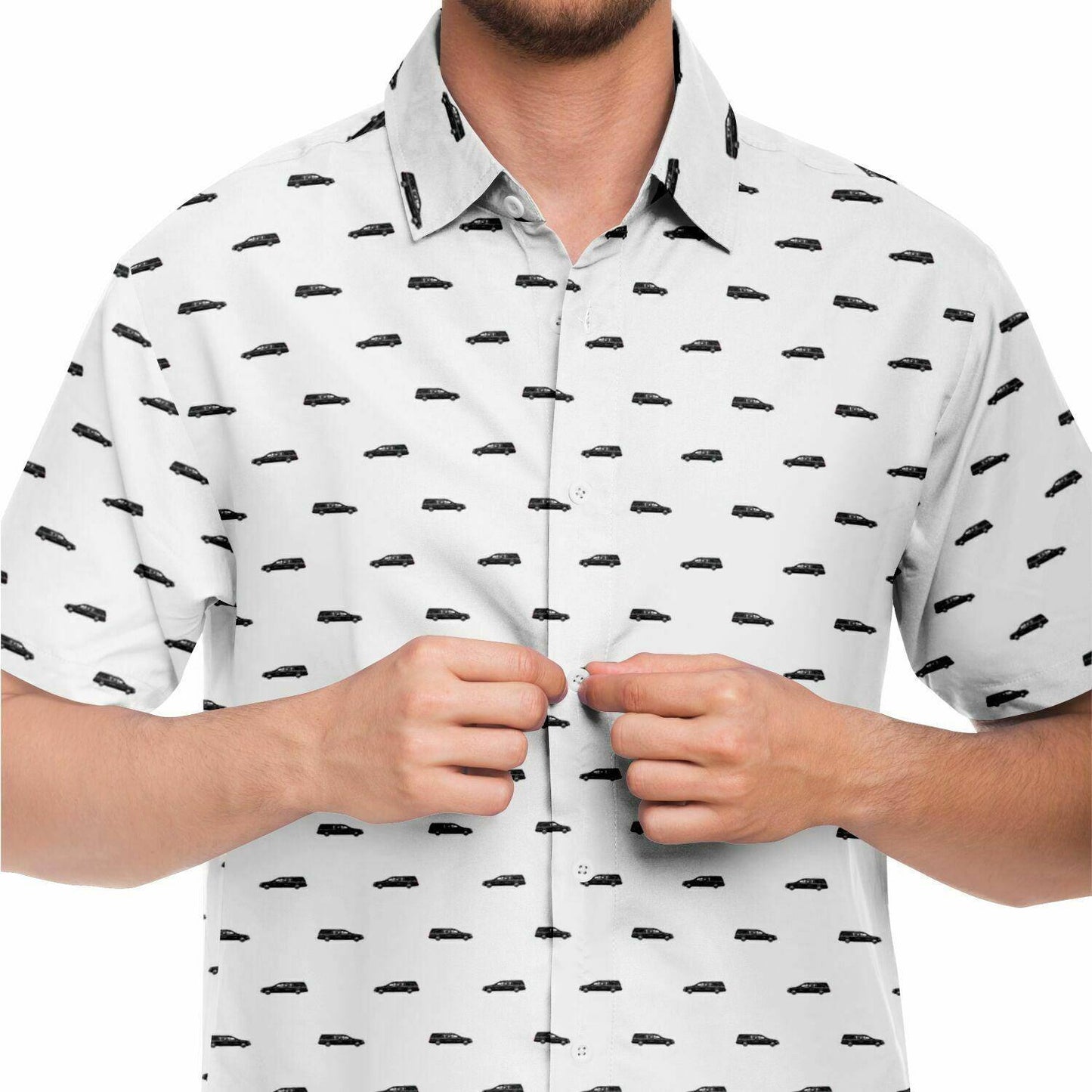 Subtle-Tee Black Hearse on White - button down, button up, funeral director, Hearse Short Sleeve Button Down Shirt