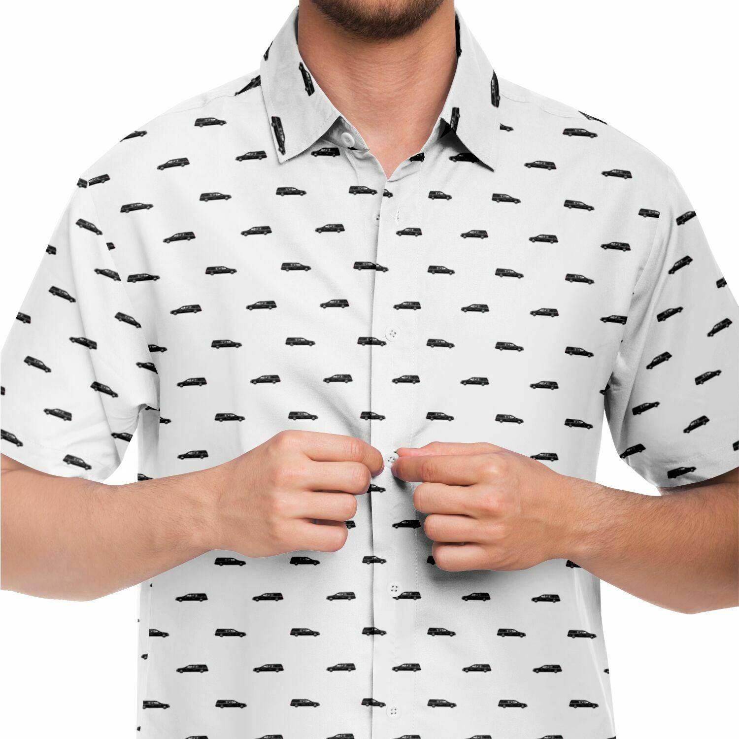 Subtle-Tee Black Hearse on White - button down, button up, funeral director, Hearse Short Sleeve Button Down Shirt