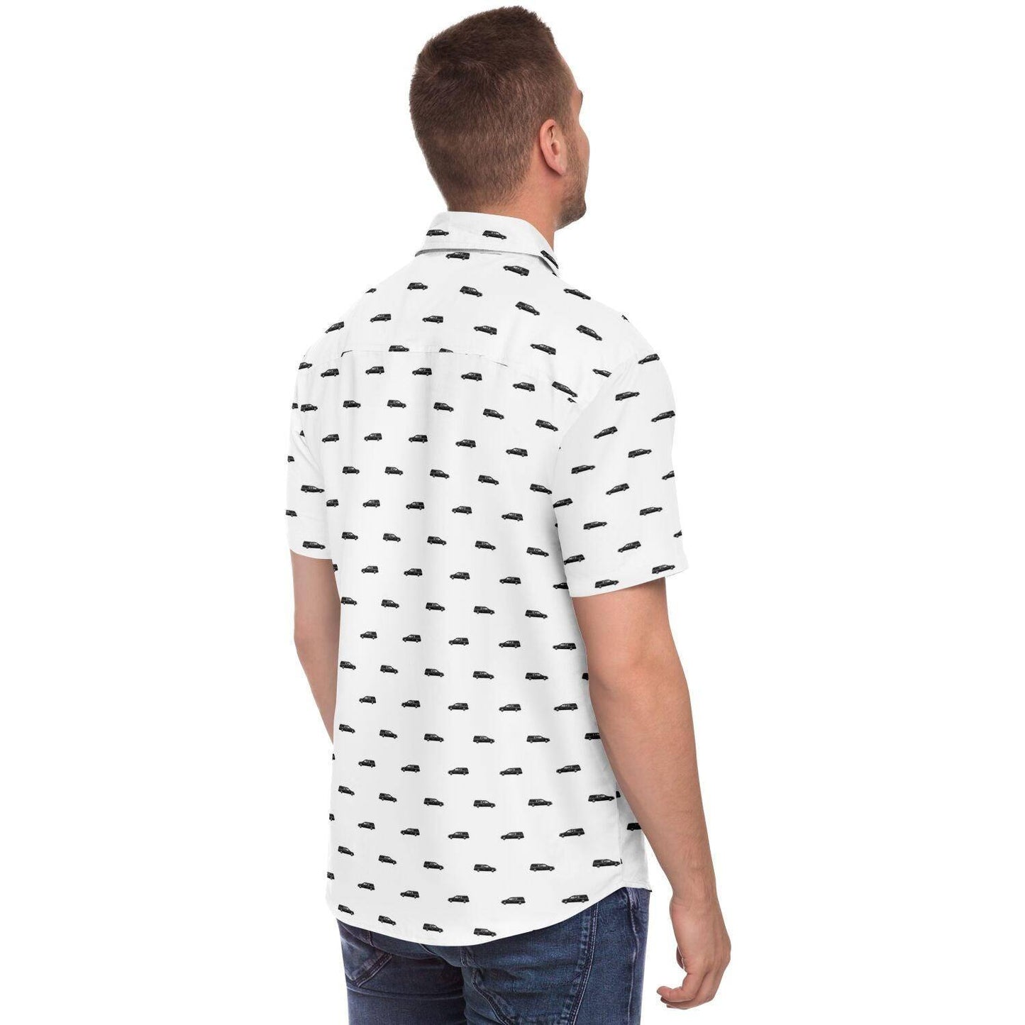 back view of a male model wearing a white button down short sleeve shirt with a pattern design of small black hearses. Black hearse print pattern.