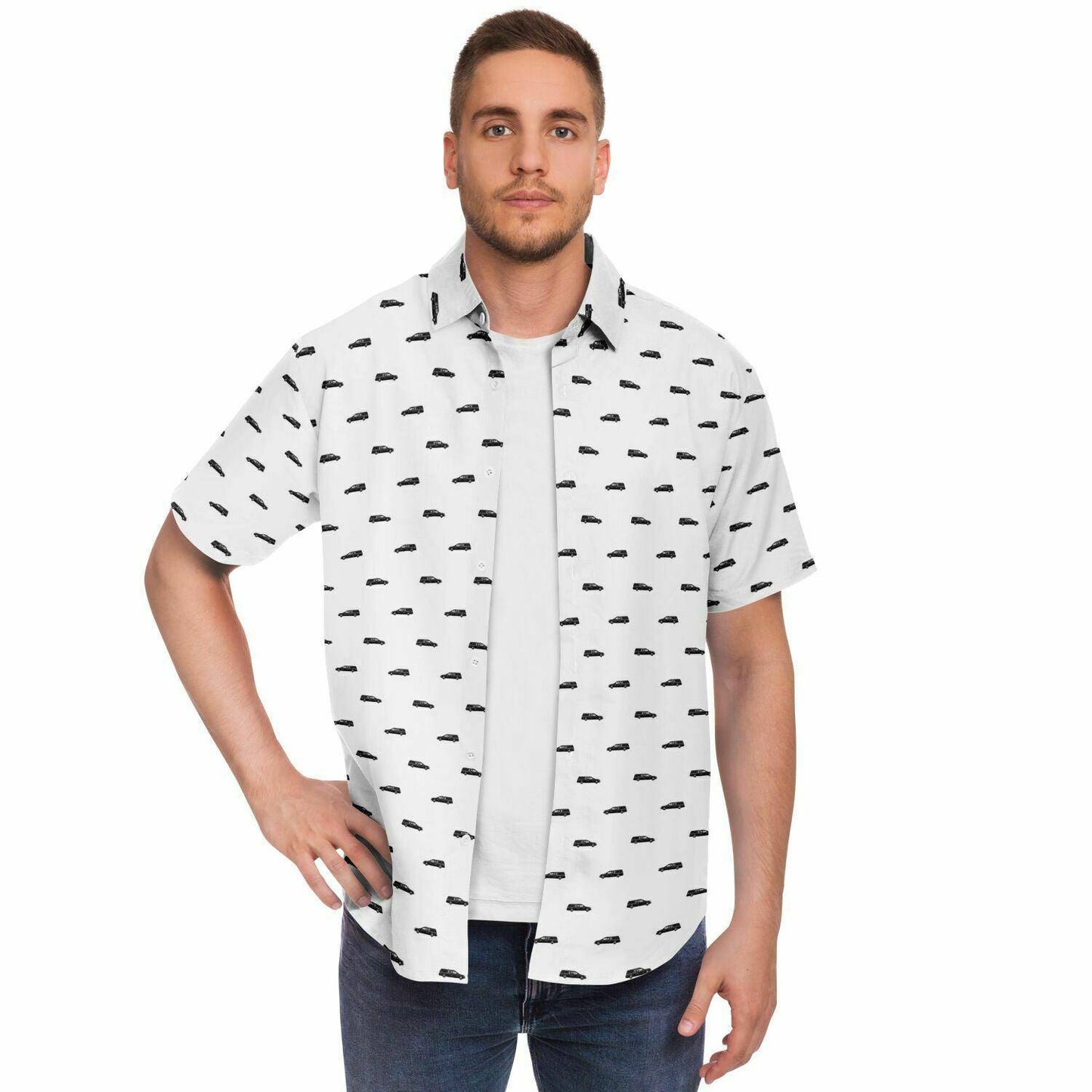 Front view of model wearing a white button down tshirt that is open. The button up shirt has a black hearse pattern on it.