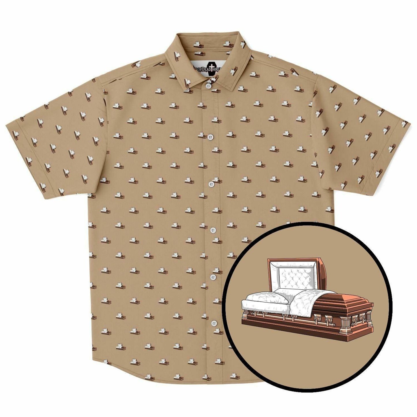 Front view of light brown button up short sleeve shirt with a brown open casket pattern on it. The pattern contains dark brown coffins.