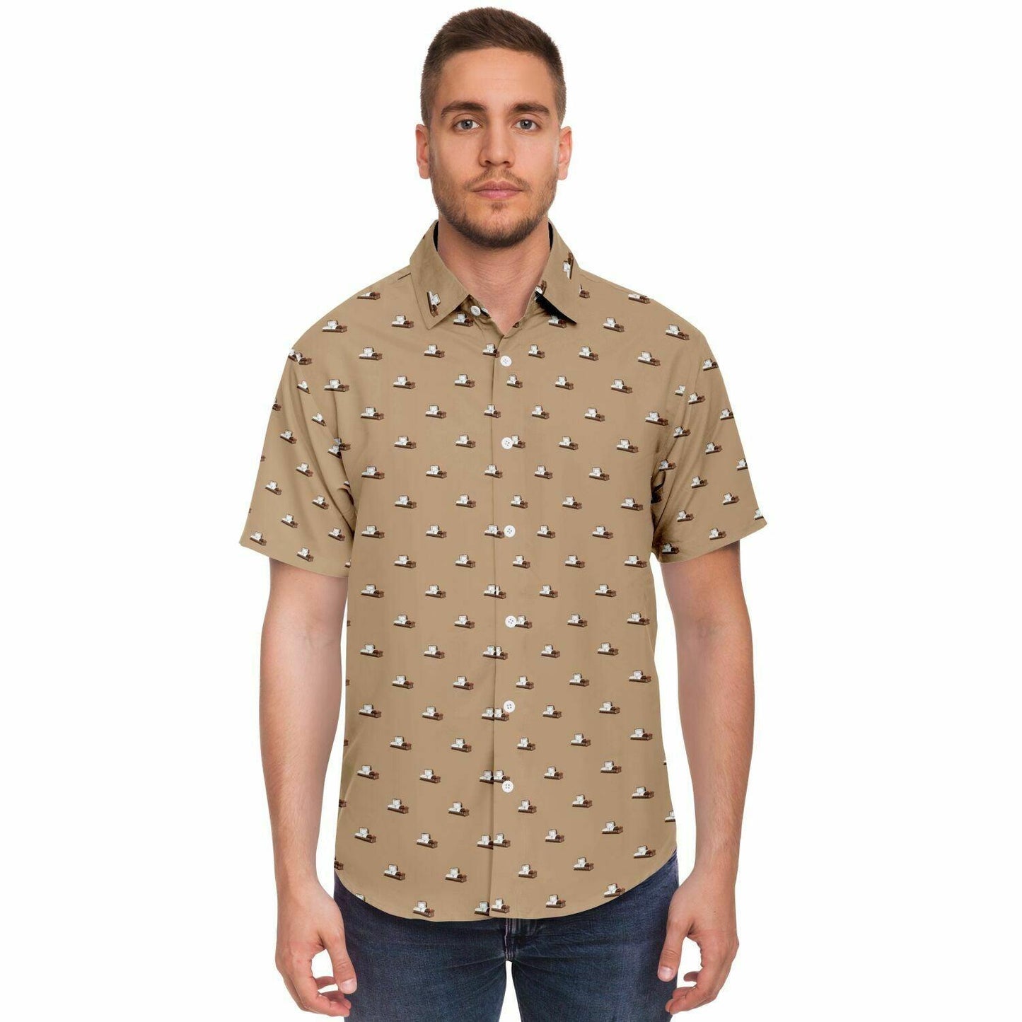 Front view of model wearing a light brown button down tee with a brown coffin pattern.  The coffin is a metal open casket.