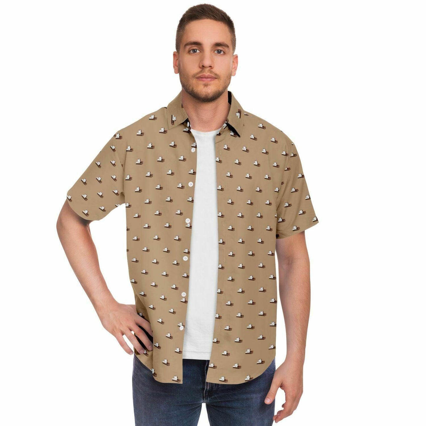 front view of model wearing light brown button up shirt that is open. The button down has a brown coffin pattern on it.