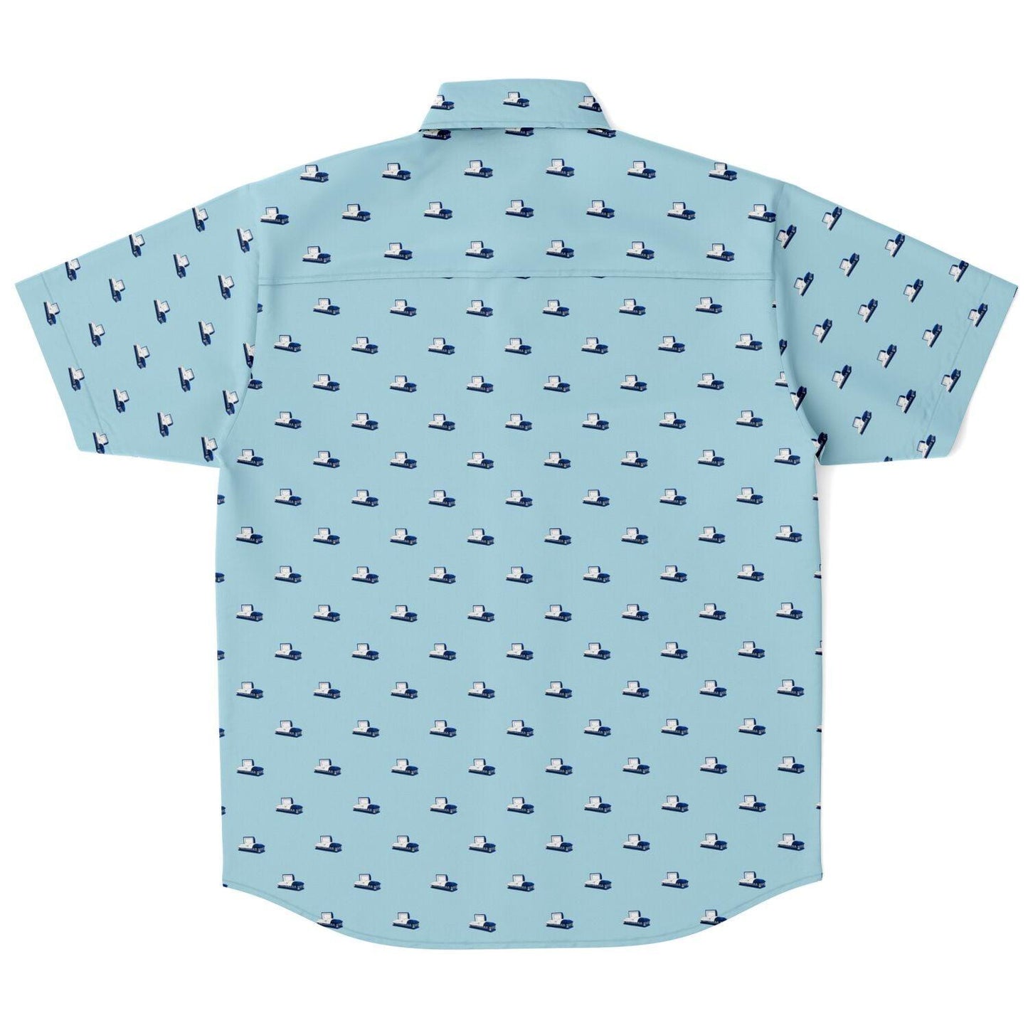 Back view of light blue button up tshirt with a dark blue casket pattern on it. The open casket, or coffins, are small and subtle.