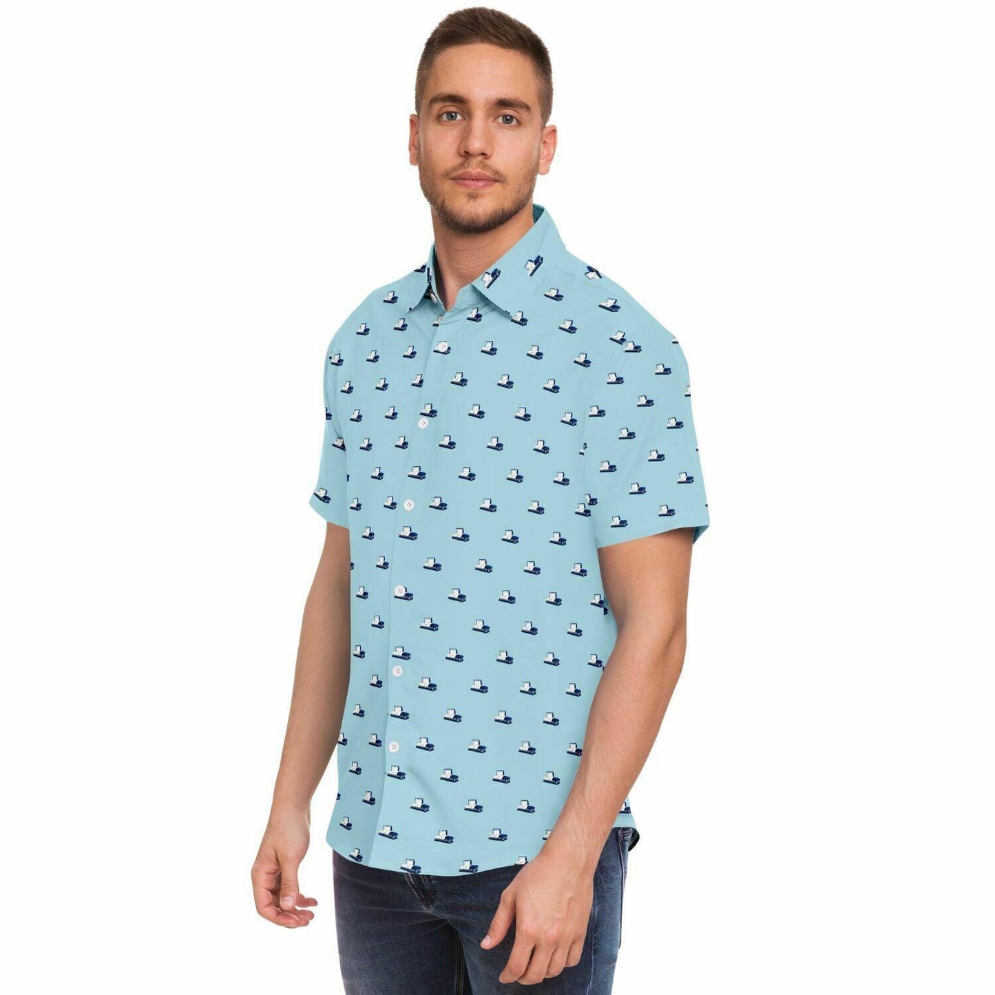 Side angle view of model wearing a light blue button up short sleeve tee with blue coffins. Steel metal open casket shirt.