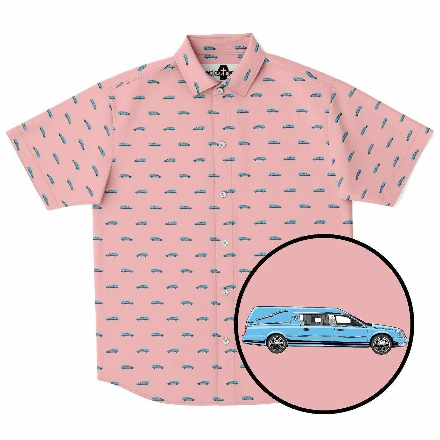 Light pink button up short sleeve shirt featuring a light blue hearse pattern. Front view.