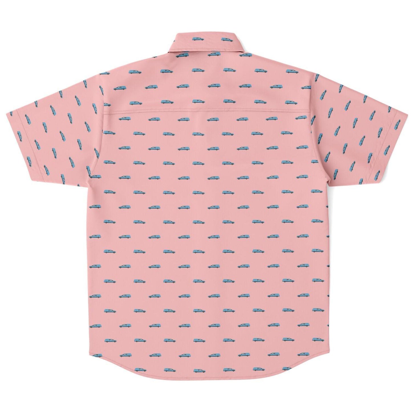 Lighter pink button up tshirt with a light blue hearse pattern. Button down showing Back view.