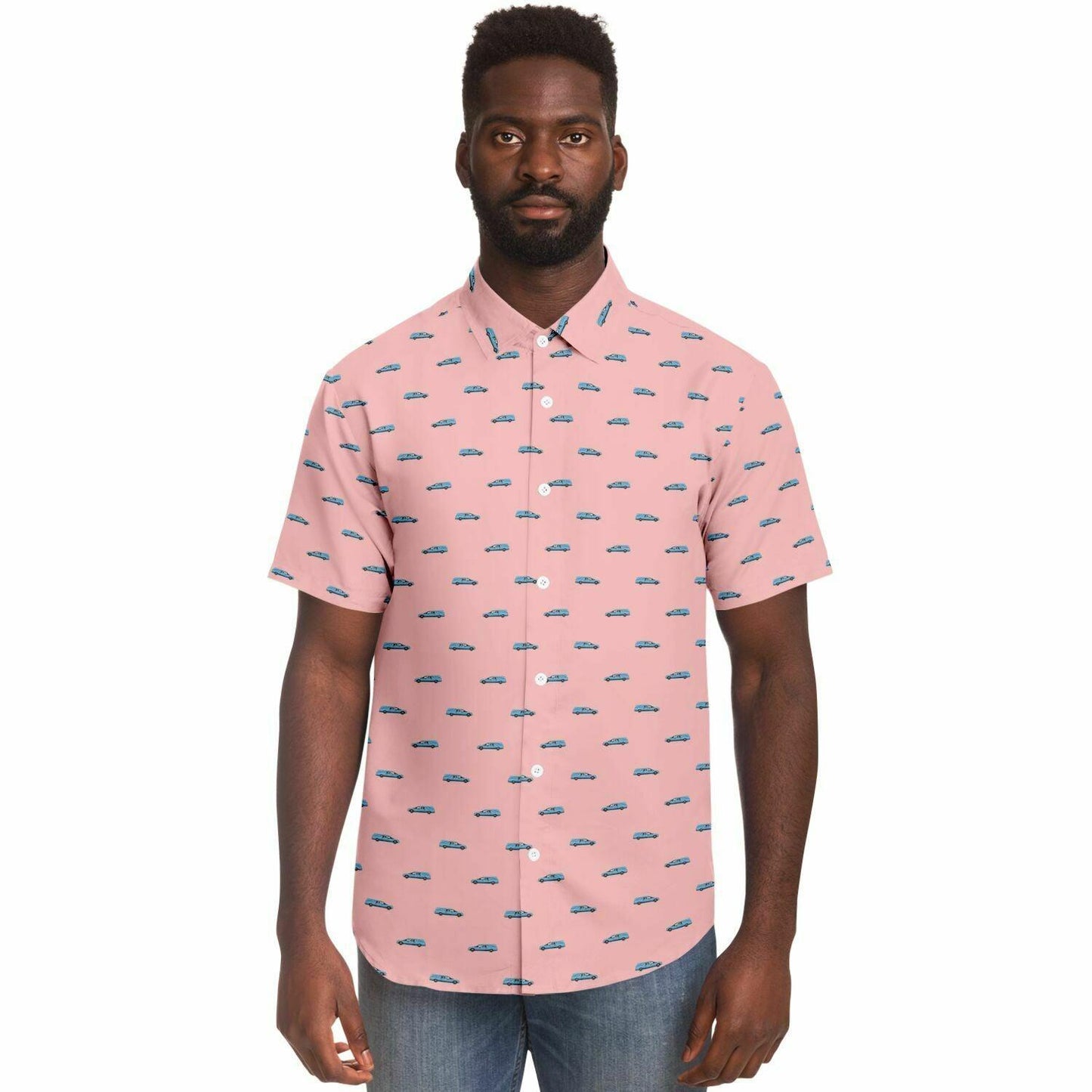 model wearing a light pink button up tshirt with a light blue funeral coach  hearse pattern. Front view.