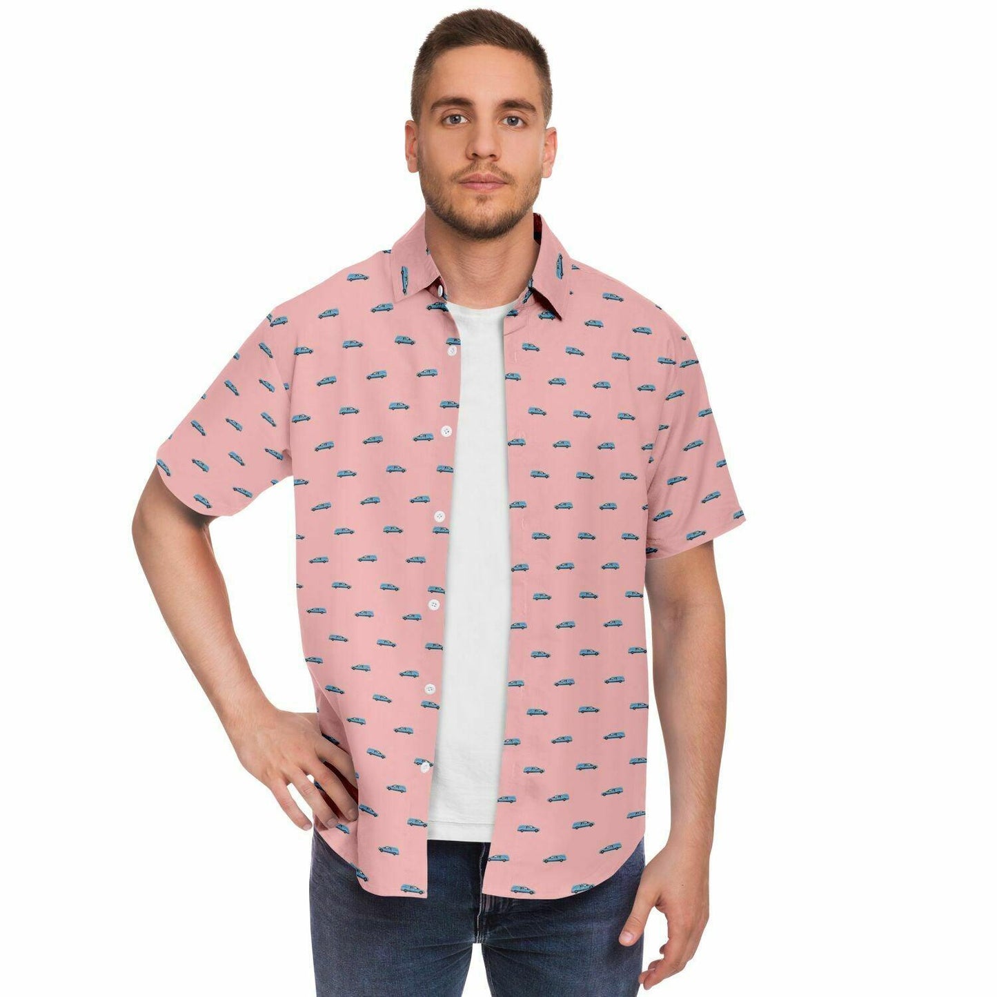 Male model wearing an open button up short sleeve shirt. The button down is pink with a light blue hearse pattern. Front view.